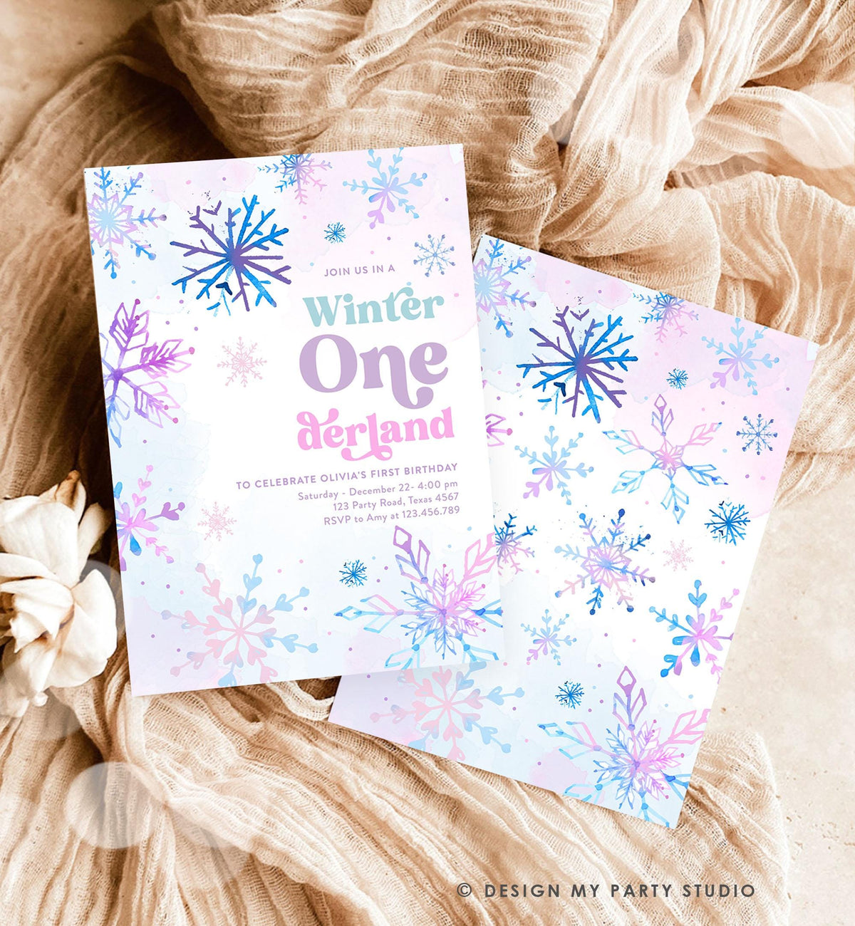 Editable Winter ONEderland Birthday Invitation First Birthday 1st Girl Pink Purple Snowflake Princess Castle Digital Template Evite 0518