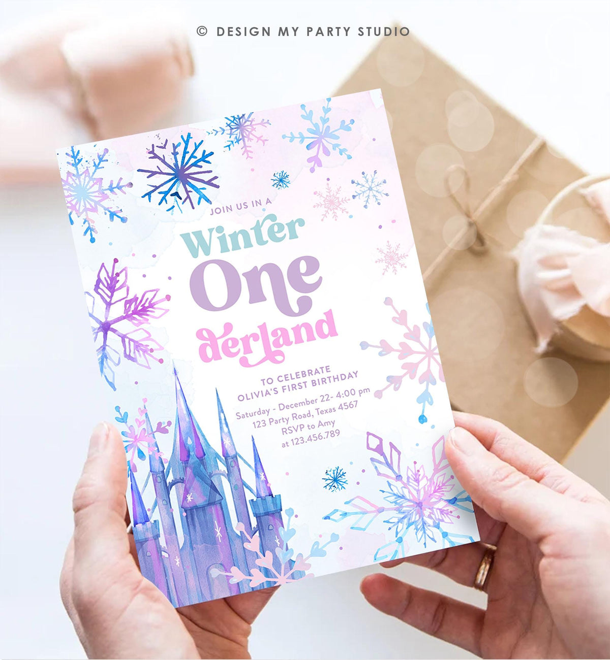 Editable Winter ONEderland Birthday Invitation First Birthday 1st Girl Pink Purple Snowflake Princess Castle Digital Template Evite 0518