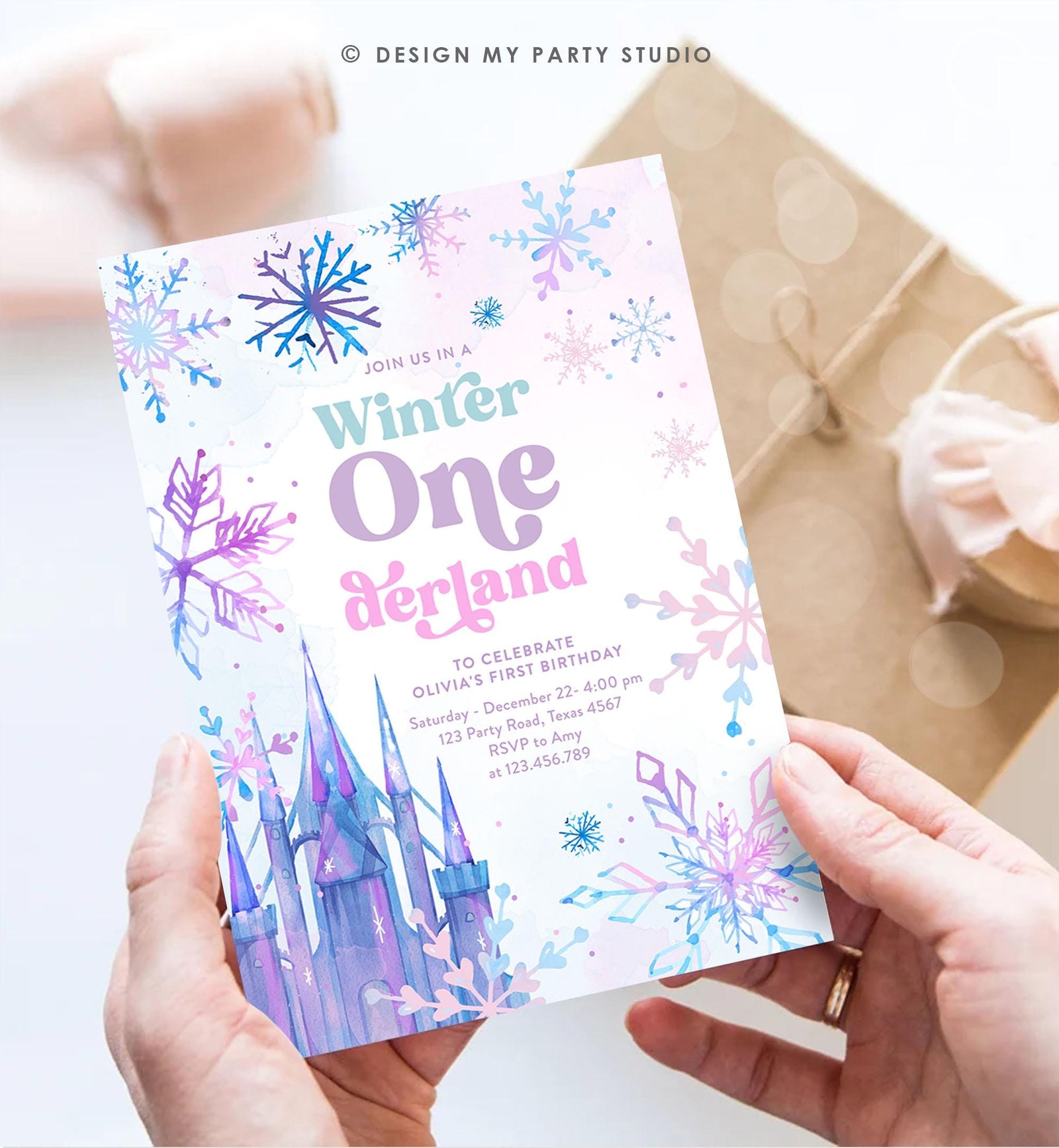 Editable Winter ONEderland Birthday Invitation First Birthday 1st Girl Pink Purple Snowflake Princess Castle Digital Template Evite 0518