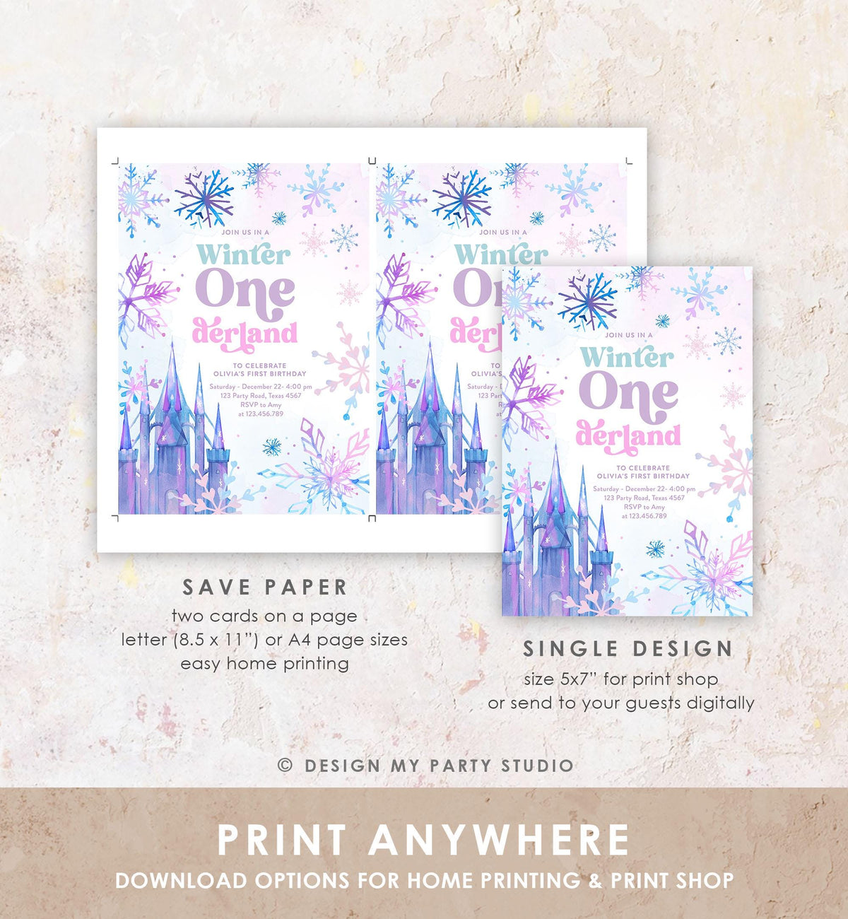 Editable Winter ONEderland Birthday Invitation First Birthday 1st Girl Pink Purple Snowflake Princess Castle Digital Template Evite 0518