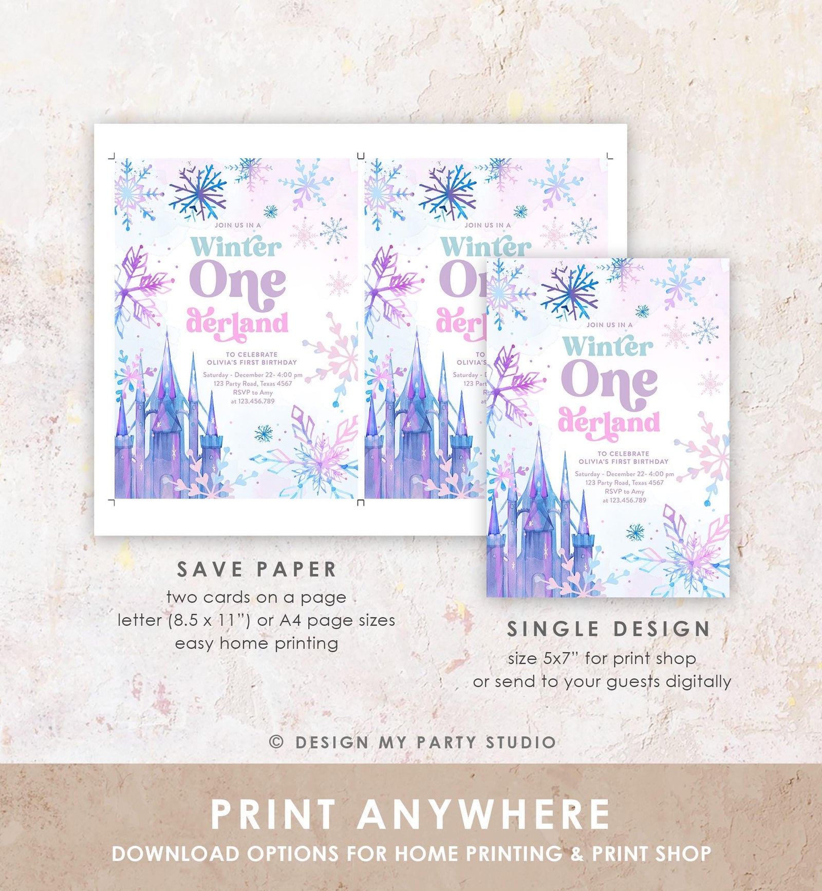 Editable Winter ONEderland Birthday Invitation First Birthday 1st Girl Pink Purple Snowflake Princess Castle Digital Template Evite 0518