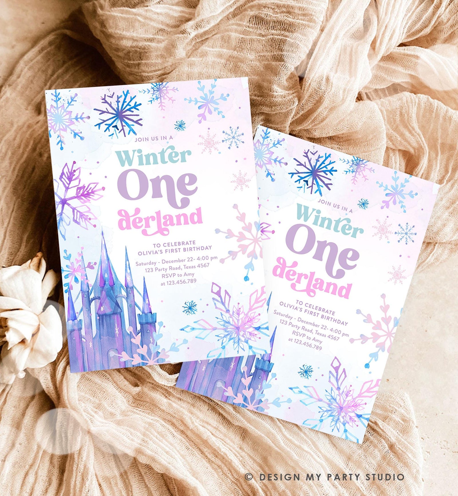 Editable Winter ONEderland Birthday Invitation First Birthday 1st Girl Pink Purple Snowflake Princess Castle Digital Template Evite 0518