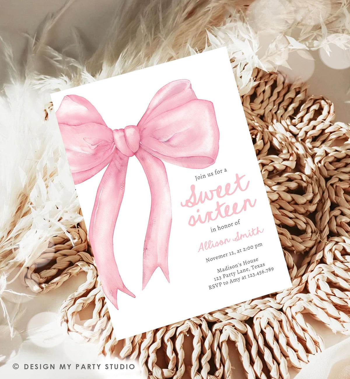 Editable Pink Bow Sweet Sixteen Birthday Invitation Elegant 16th Birthday Preppy Coquette Bow Teen Evite Template Digital Download 0527