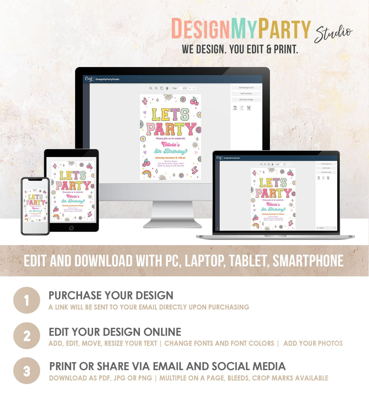 Editable Patch Letters Birthday Party Invitation Varsity Fashion Glitter Preppy Party Let's Party Teen Download Template Evite Digital 0528