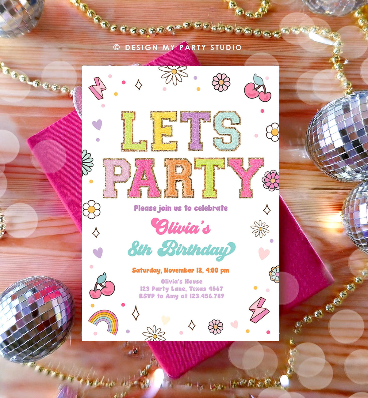 Editable Patch Letters Birthday Party Invitation Varsity Fashion Glitter Preppy Party Let's Party Teen Download Template Evite Digital 0528