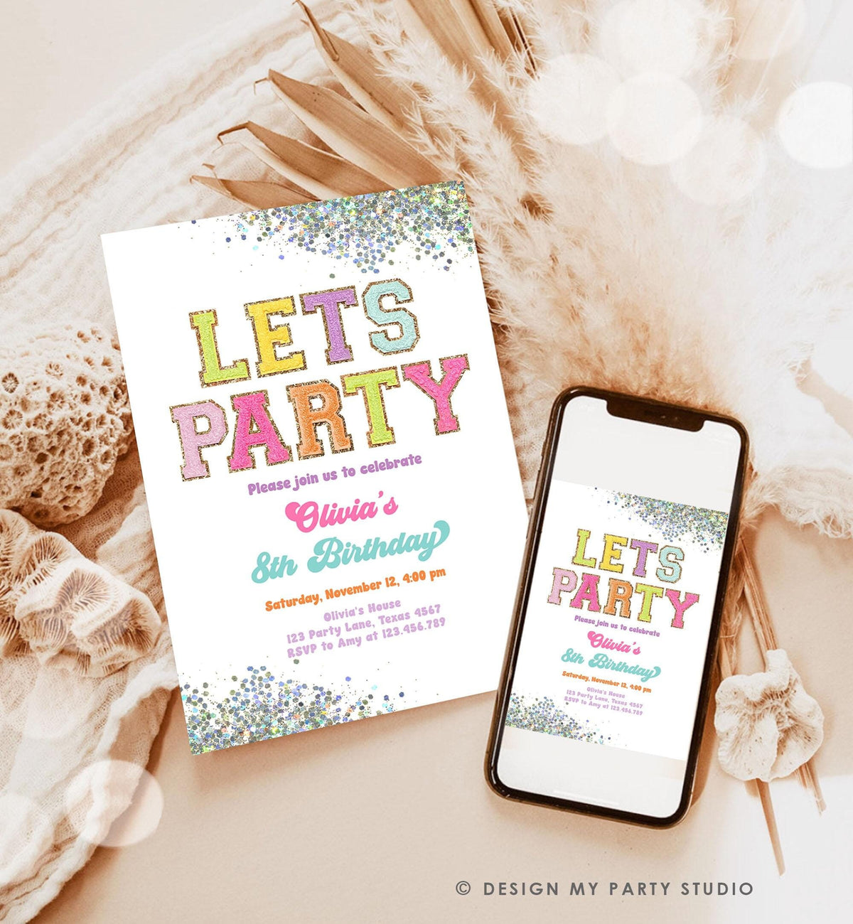 Editable Patch Letters Birthday Party Invitation Varsity Fashion Glitter Preppy Party Let's Party Teen Download Template Evite Digital 0528