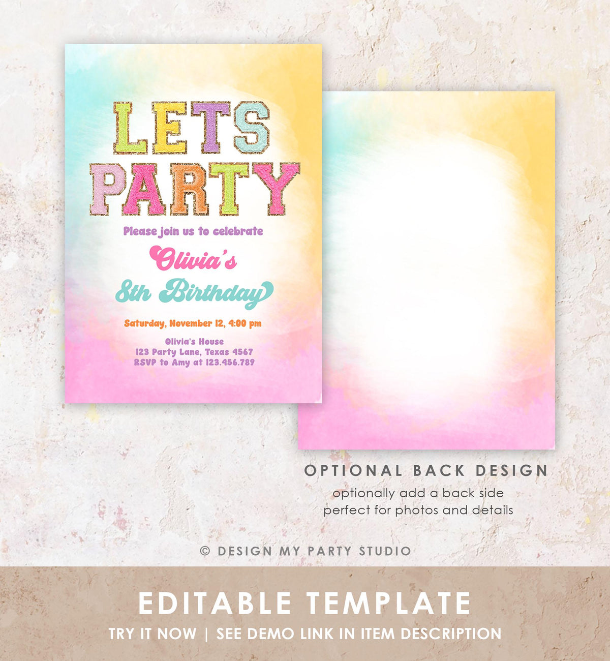 Editable Patch Letters Birthday Party Invitation Varsity Fashion Glitter Preppy Party Let's Party Teen Download Template Evite Digital 0528