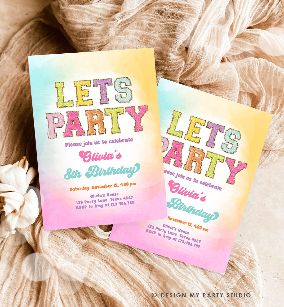 Editable Patch Letters Birthday Party Invitation Varsity Fashion Glitter Preppy Party Let's Party Teen Download Template Evite Digital 0528