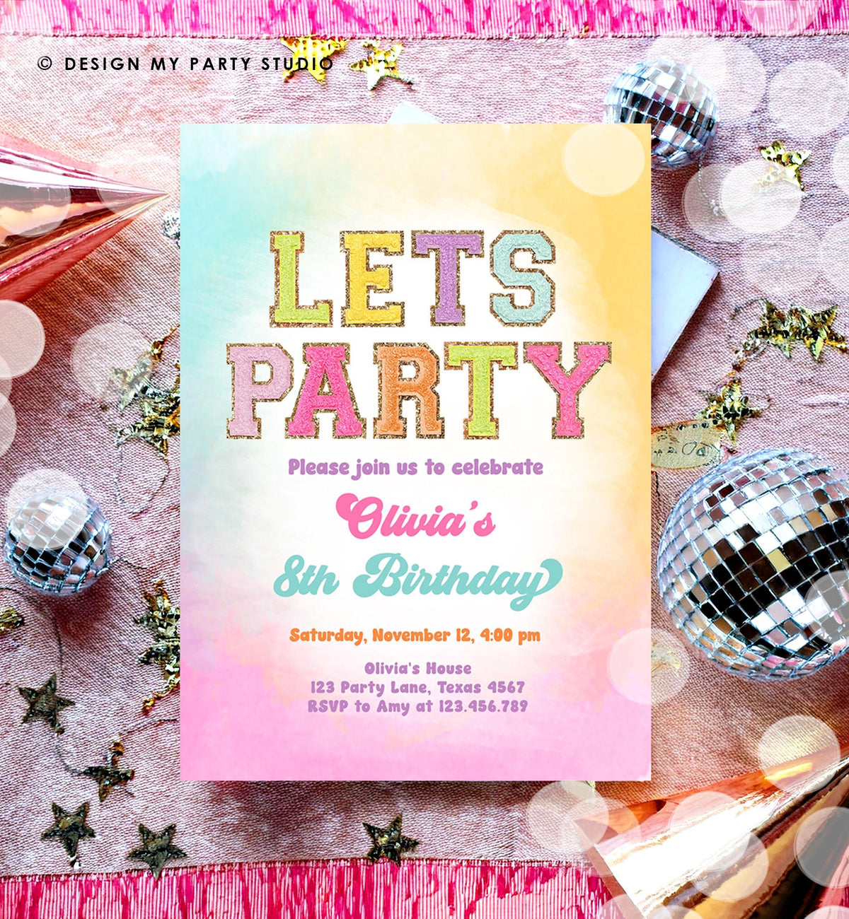 Editable Patch Letters Birthday Party Invitation Varsity Fashion Glitter Preppy Party Let's Party Teen Download Template Evite Digital 0528