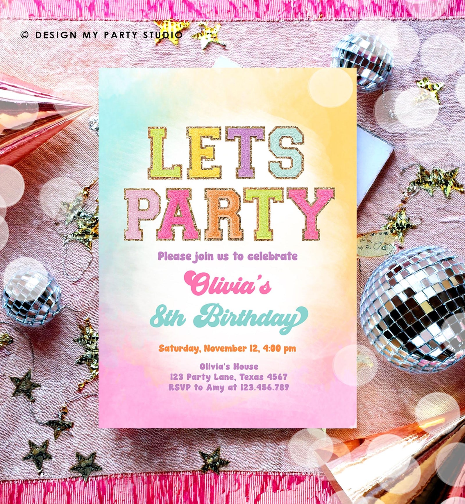Editable Patch Letters Birthday Party Invitation Varsity Fashion Glitter Preppy Party Let's Party Teen Download Template Evite Digital 0528