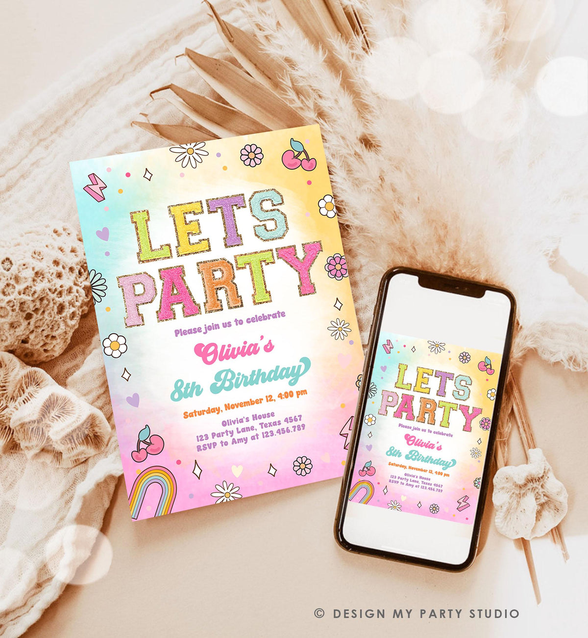 Editable Patch Letters Birthday Party Invitation Varsity Fashion Glitter Preppy Party Let's Party Teen Download Template Evite Digital 0528