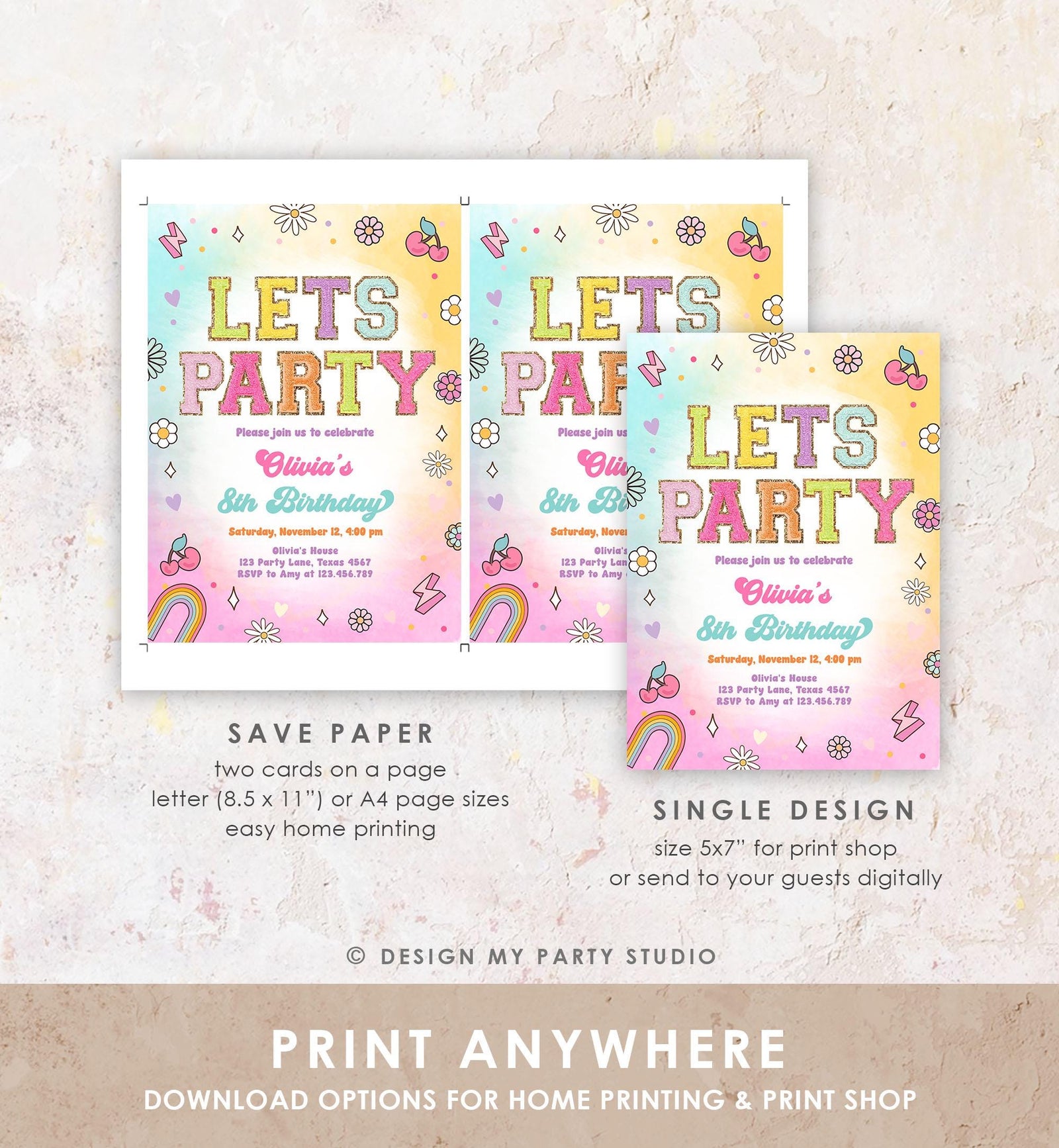 Editable Patch Letters Birthday Party Invitation Varsity Fashion Glitter Preppy Party Let's Party Teen Download Template Evite Digital 0528