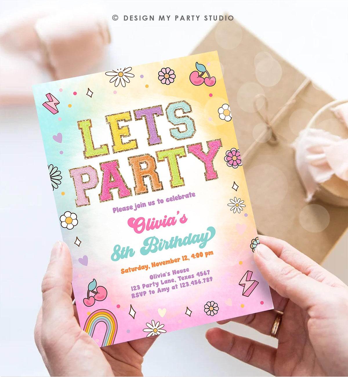 Editable Patch Letters Birthday Party Invitation Varsity Fashion Glitter Preppy Party Let's Party Teen Download Template Evite Digital 0528