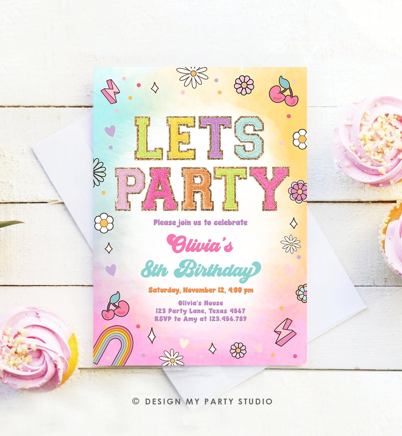 Editable Patch Letters Birthday Party Invitation Varsity Fashion Glitter Preppy Party Let's Party Teen Download Template Evite Digital 0528