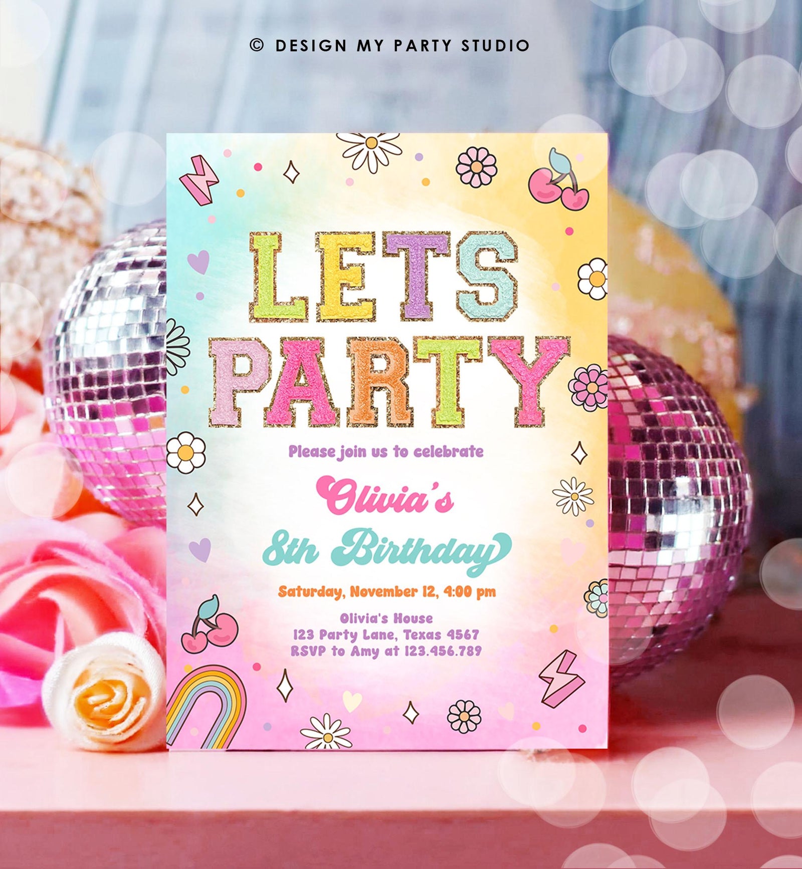 Editable Patch Letters Birthday Party Invitation Varsity Fashion Glitter Preppy Party Let's Party Teen Download Template Evite Digital 0528