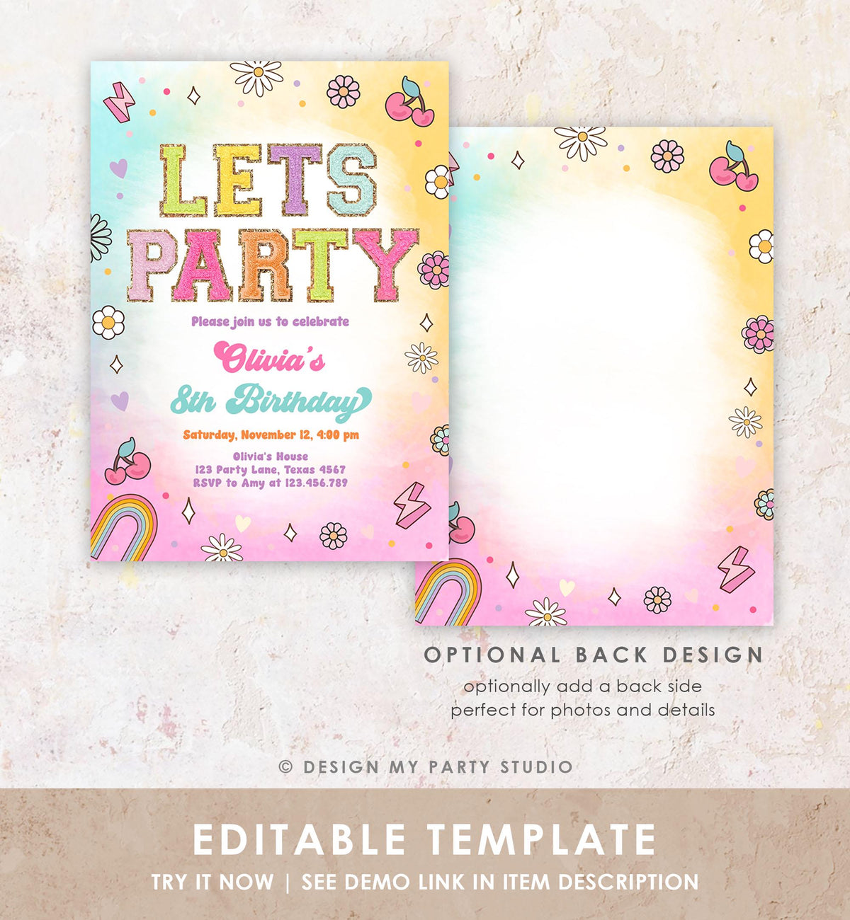 Editable Patch Letters Birthday Party Invitation Varsity Fashion Glitter Preppy Party Let's Party Teen Download Template Evite Digital 0528