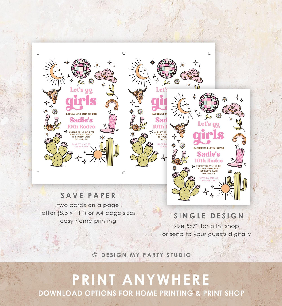Editable Let&#39;s Go Girls Birthday Invitation Disco Rodeo Hot Pink Cowgirl Western Space Cowgirl Invite Download Printable Template Evite 0519