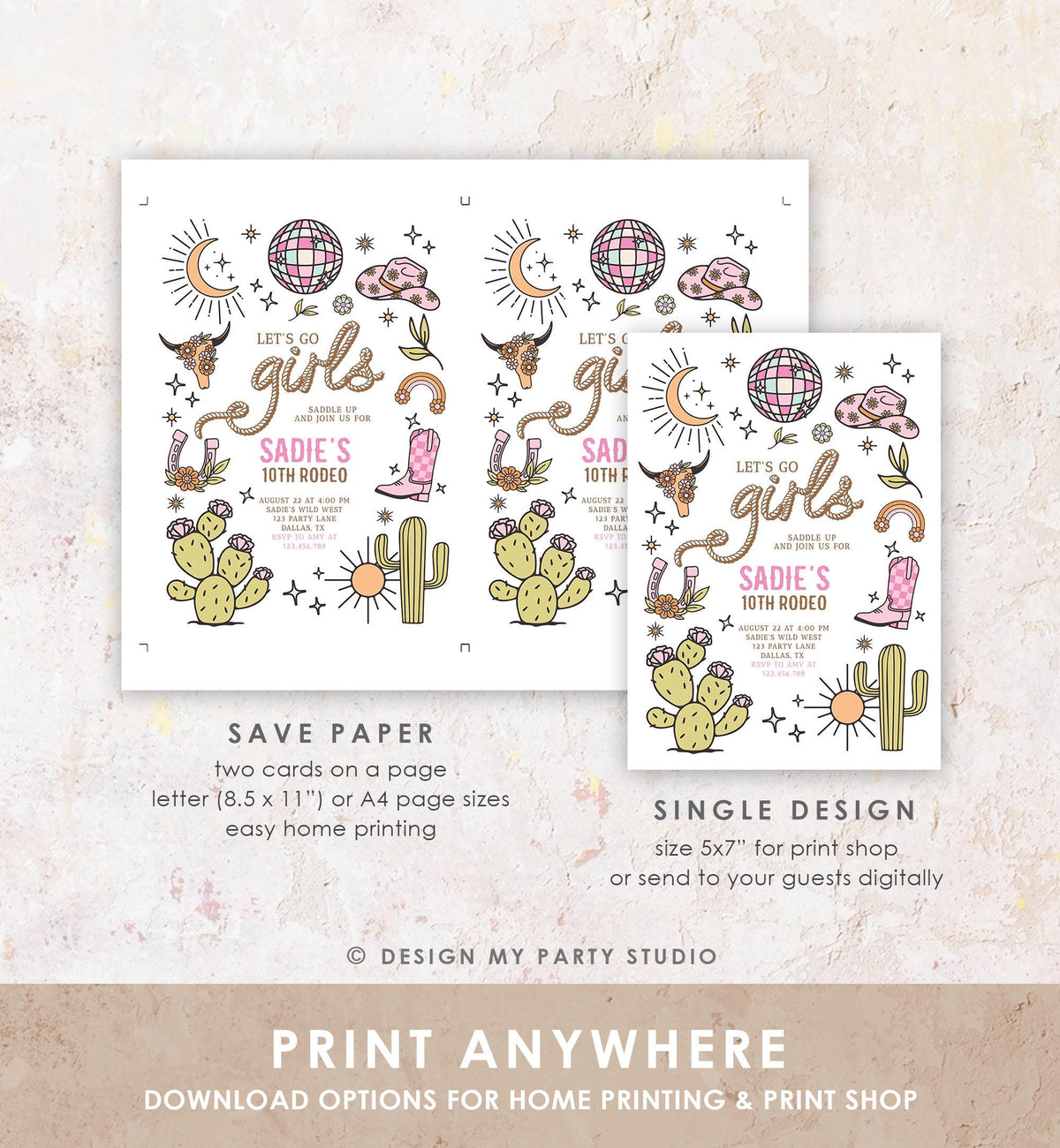 Editable Let&#39;s Go Girls Birthday Invitation Disco Rodeo Hot Pink Cowgirl Western Space Cowgirl Invite Download Printable Template Evite 0519