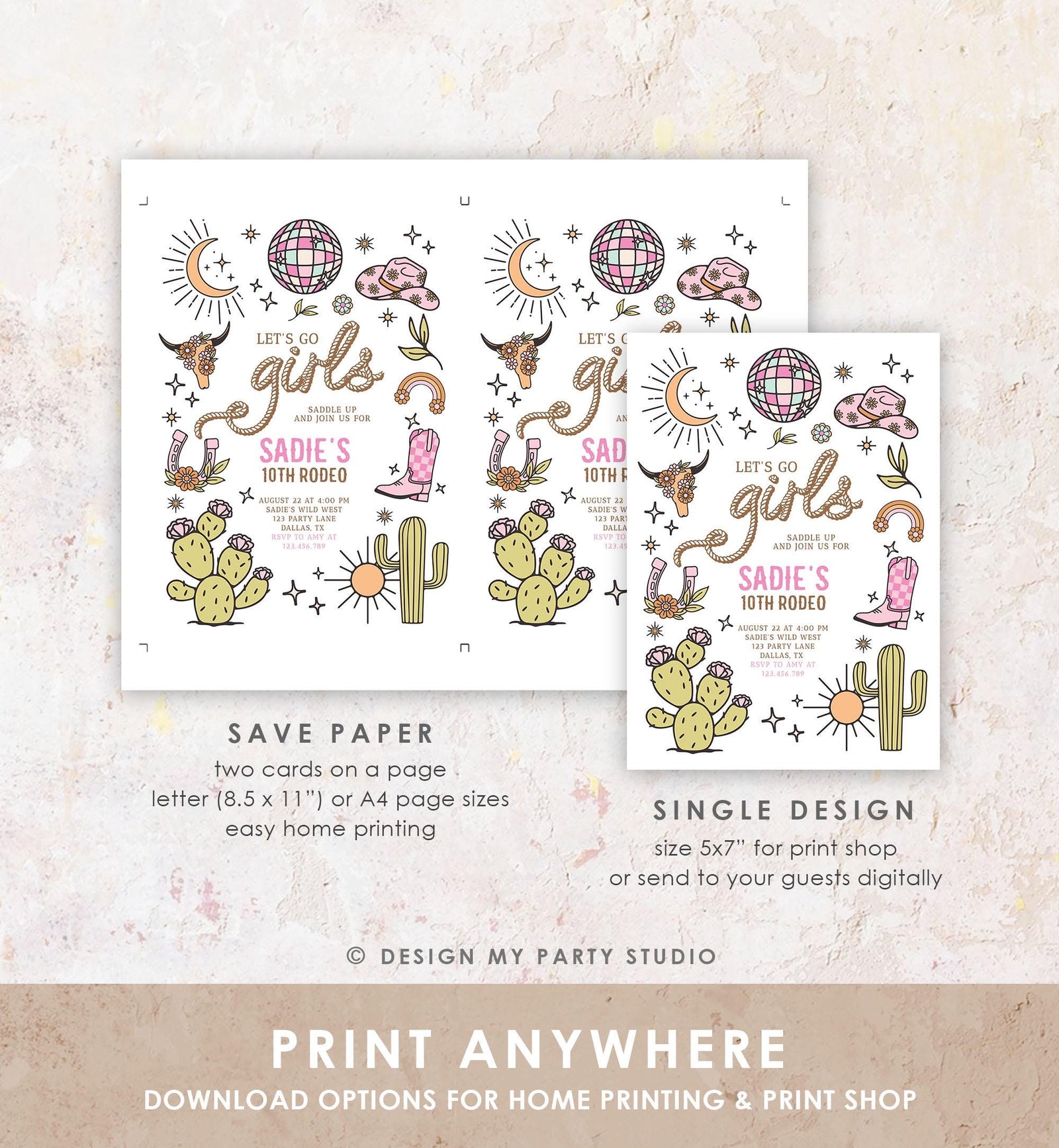 Editable Let's Go Girls Birthday Invitation Disco Rodeo Hot Pink Cowgirl Western Space Cowgirl Invite Download Printable Template Evite 0519