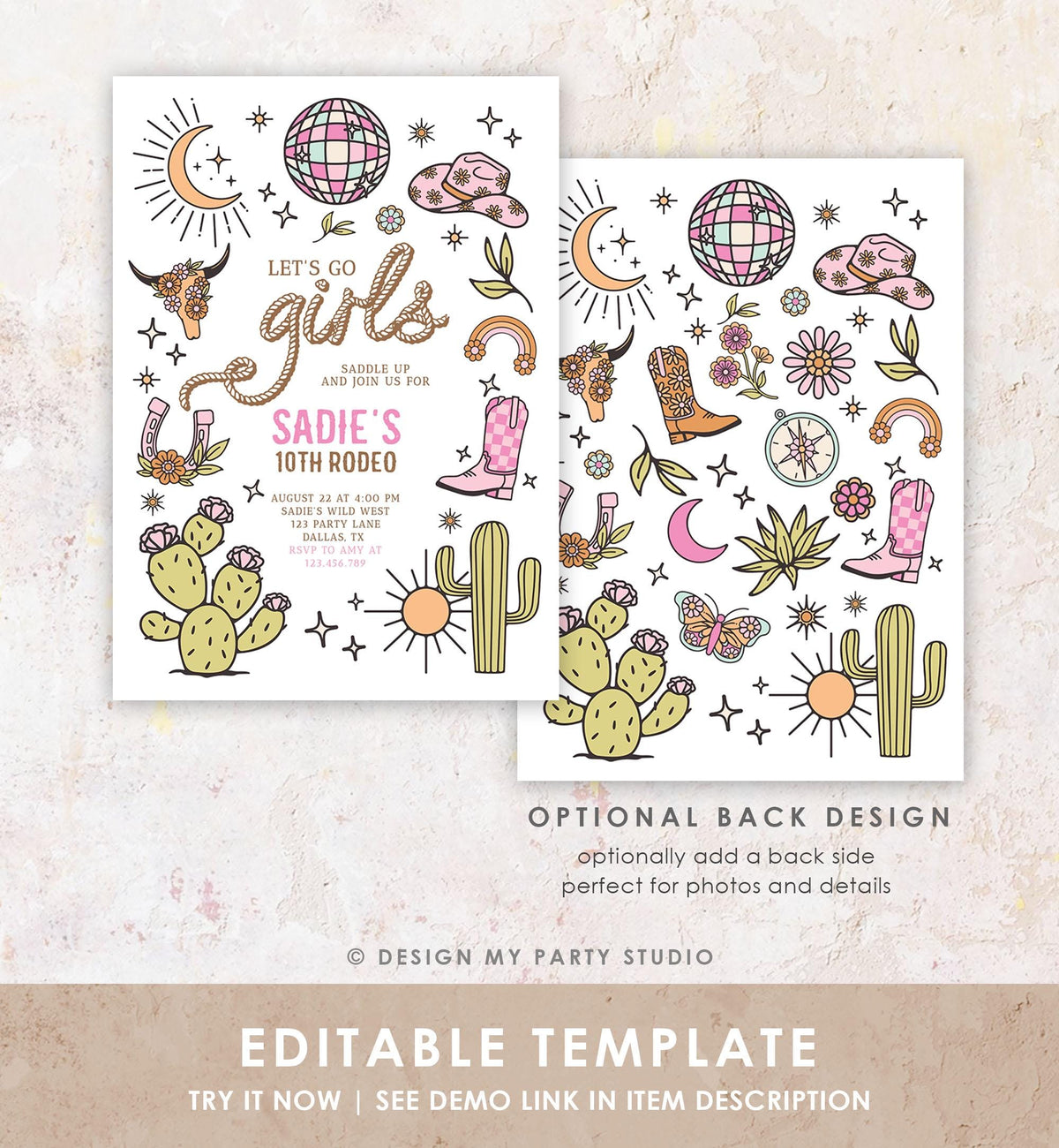 Editable Let&#39;s Go Girls Birthday Invitation Disco Rodeo Hot Pink Cowgirl Western Space Cowgirl Invite Download Printable Template Evite 0519