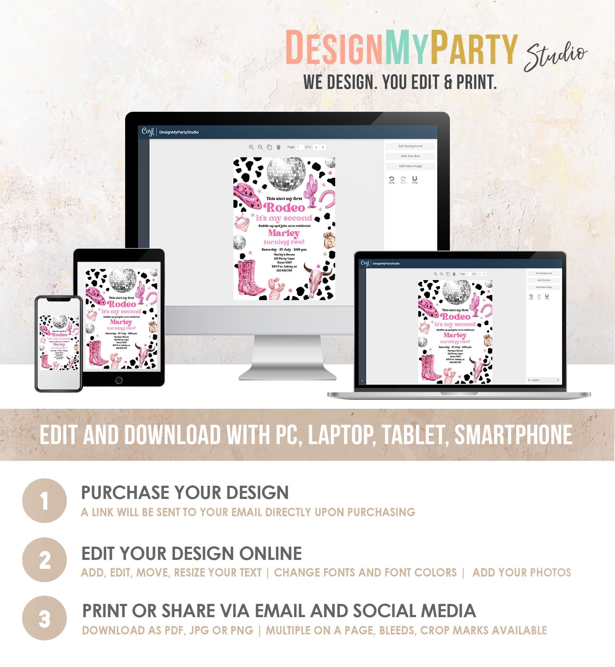 Editable Second Rodeo Birthday Invitation Space Cowgirl Disco 2nd Rodeo Pink Girl Cowgirl Ranch Party Download Printable Template Evite 0455