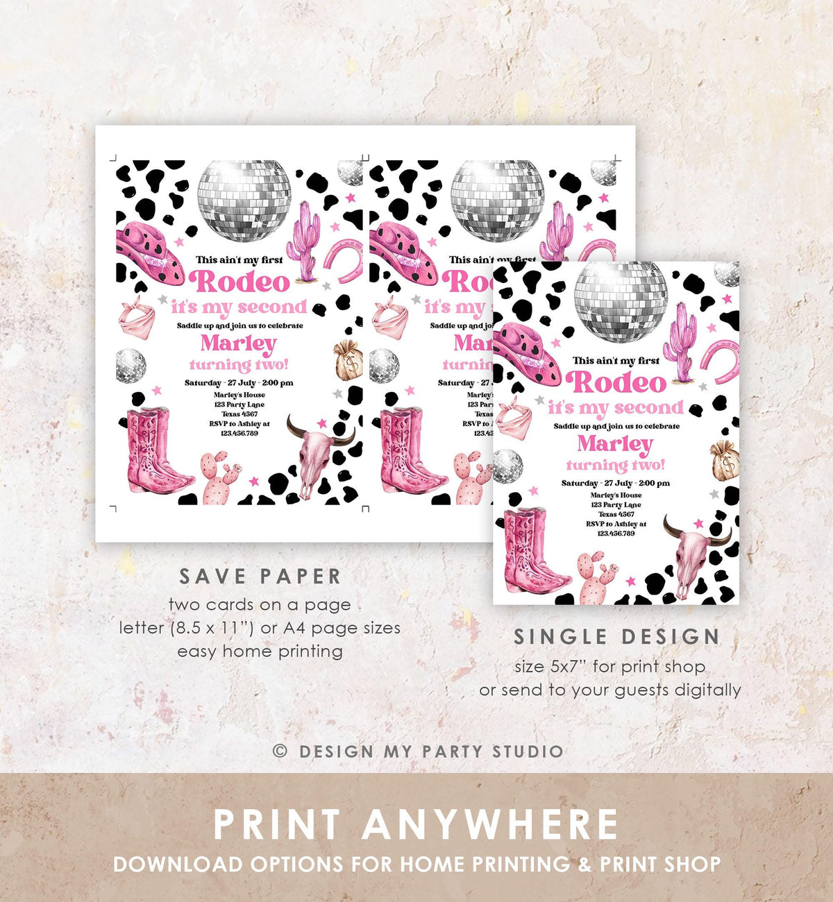 Editable Second Rodeo Birthday Invitation Space Cowgirl Disco 2nd Rodeo Pink Girl Cowgirl Ranch Party Download Printable Template Evite 0455