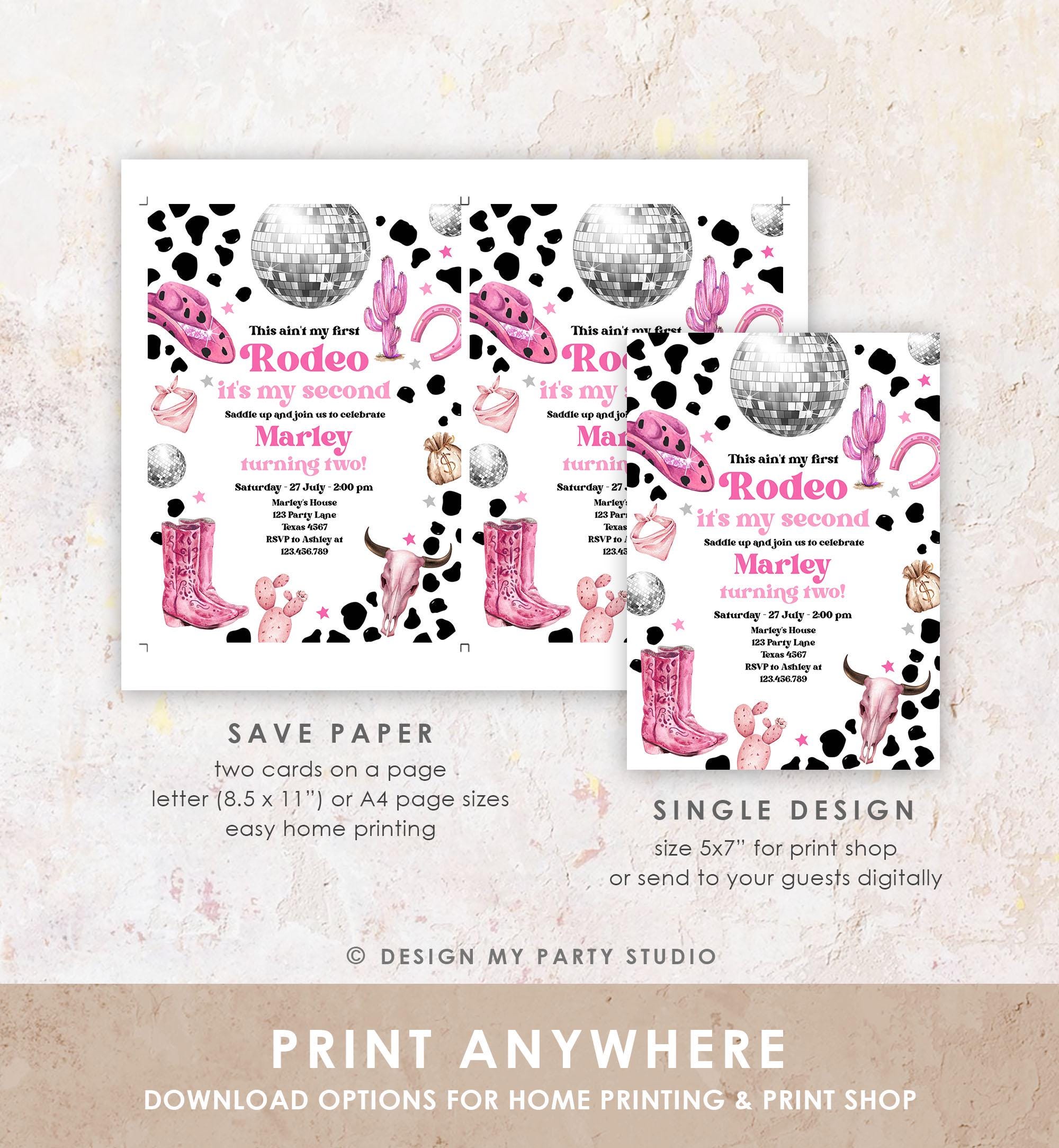 Editable Second Rodeo Birthday Invitation Space Cowgirl Disco 2nd Rodeo Pink Girl Cowgirl Ranch Party Download Printable Template Evite 0455