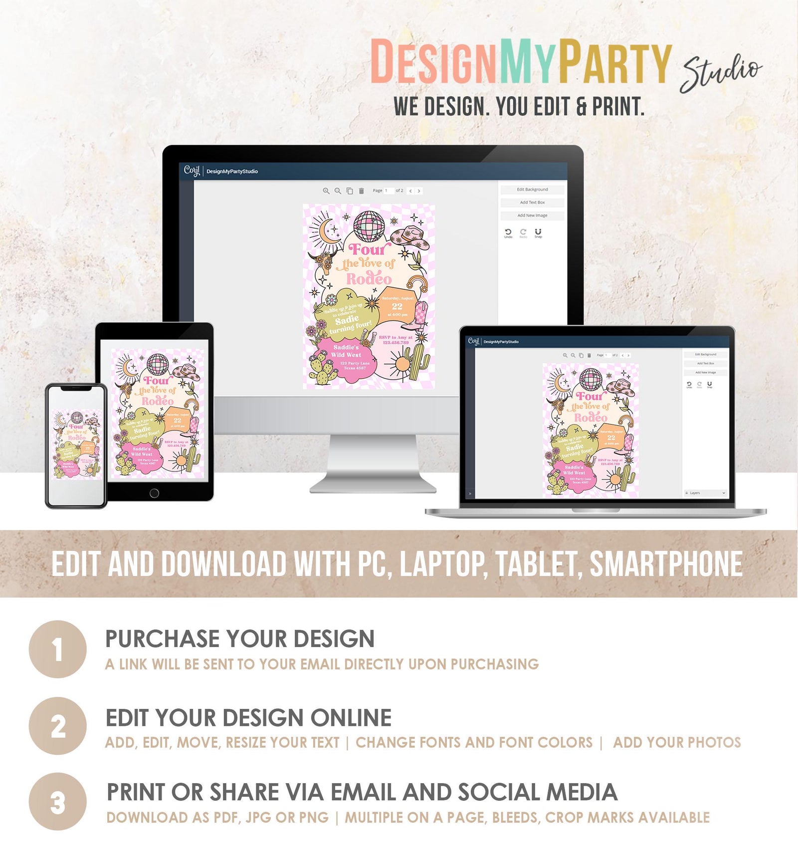 Editable Four the Love of Rodeo Birthday Invitation Cowgirl Disco Pink Cowgirl Party Wild Nashville Download Printable Template Evite 0519