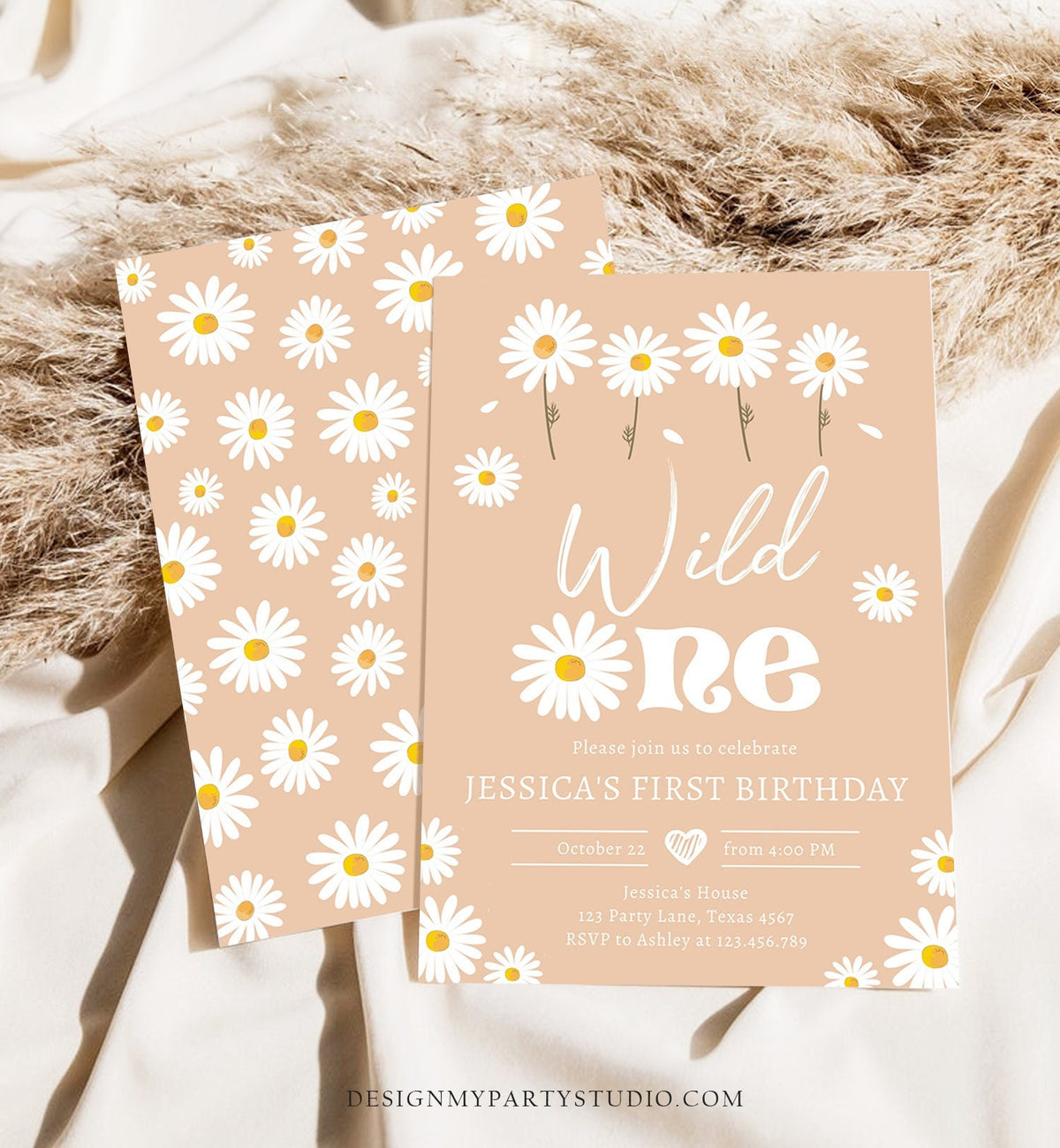 Editable Daisy Birthday Party Invitation Wild One Floral Girl Boho Sand First Birthday 1st Digital Download Evite Template Printable 0410