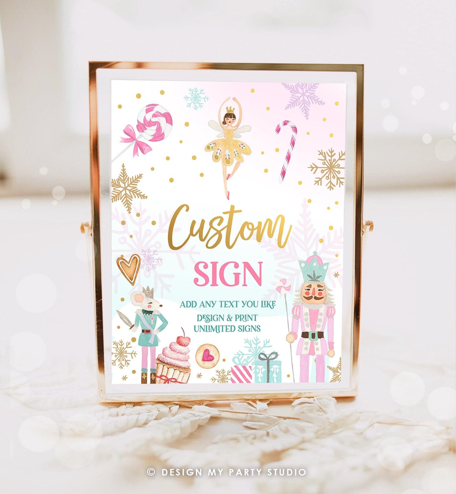 Editable Custom Sign Nutcracker Birthday Decor Land of Sweets Party Sugar Plum Fairy Girl Pink Gold Table Digital Template Printable 0352