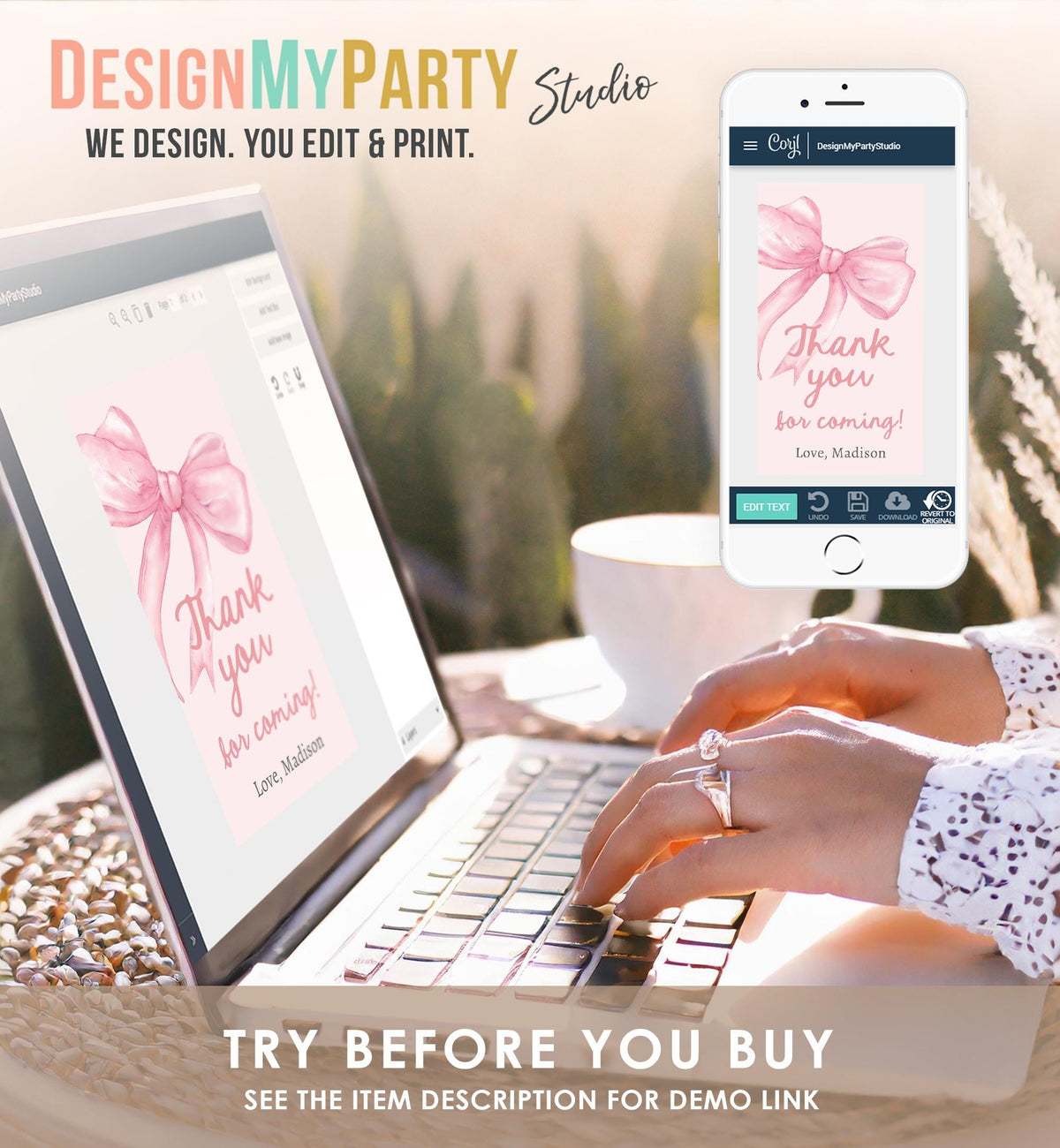 Editable Pink Bow Favor Tag Ribbon Birthday Baby Shower Thank You Gift Girl Preppy Coquette Watercolor Digital Template Printable 0527