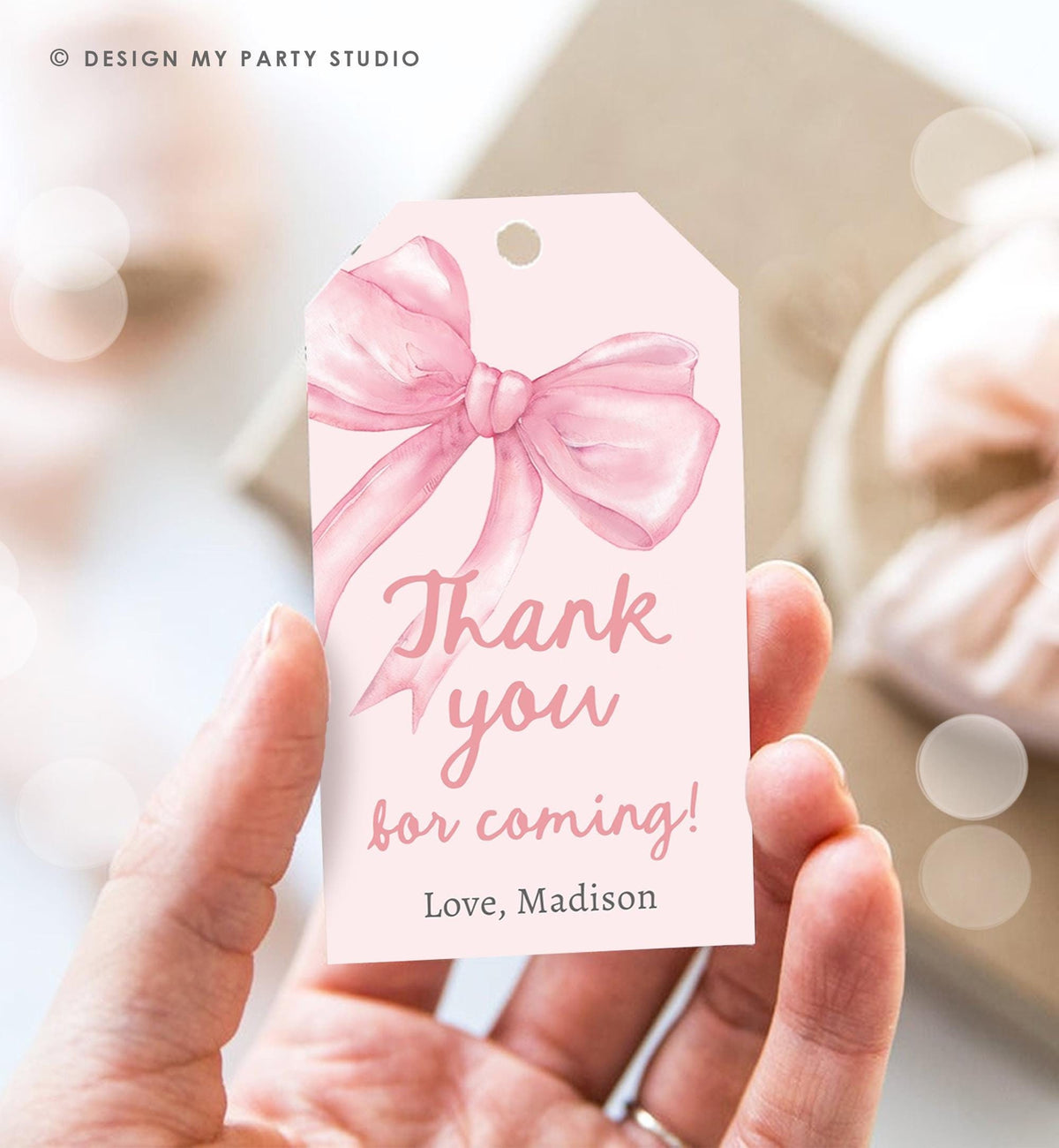 Editable Pink Bow Favor Tag Ribbon Birthday Baby Shower Thank You Gift Girl Preppy Coquette Watercolor Digital Template Printable 0527