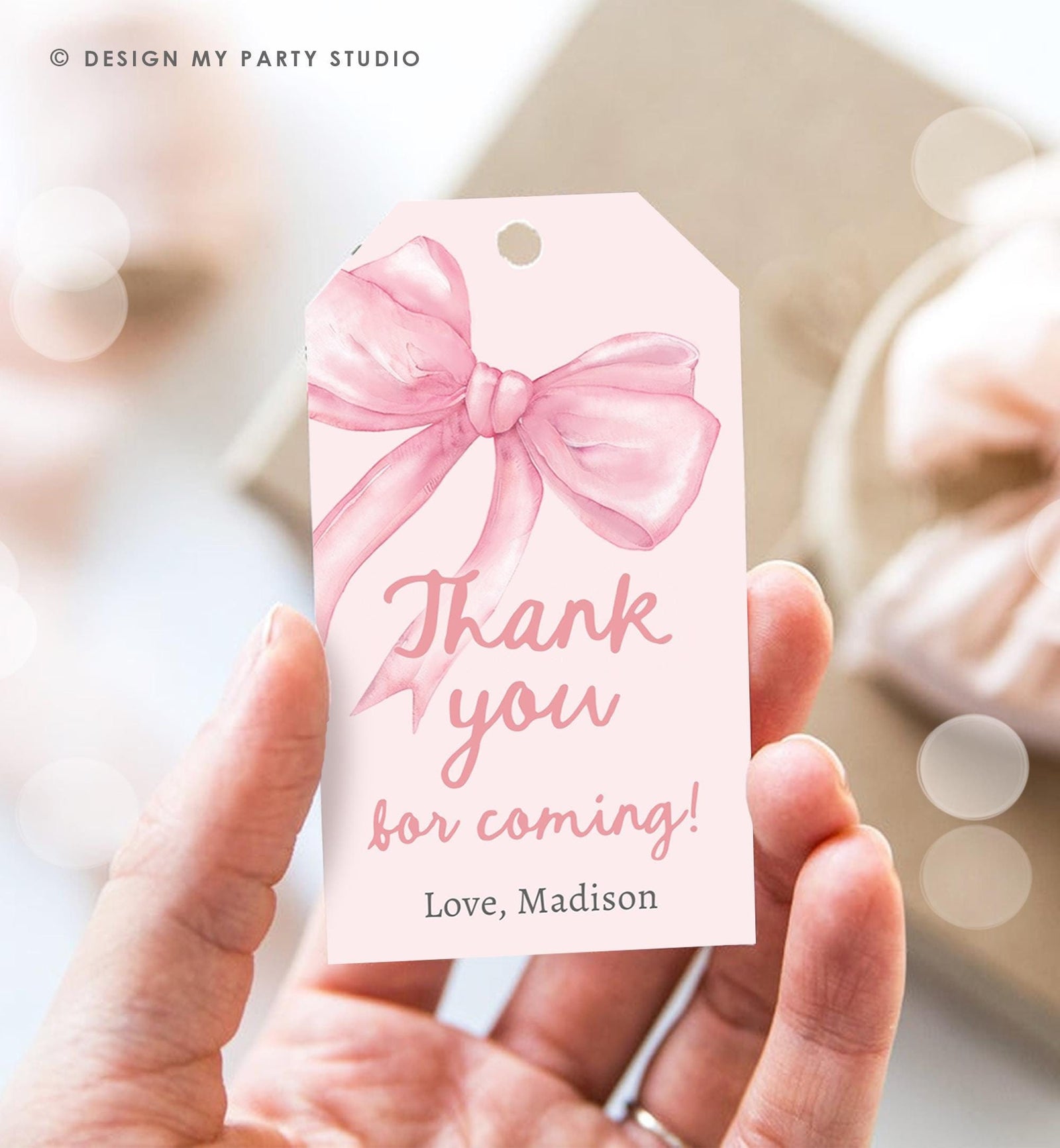 Editable Pink Bow Favor Tag Ribbon Birthday Baby Shower Thank You Gift Girl Preppy Coquette Watercolor Digital Template Printable 0527