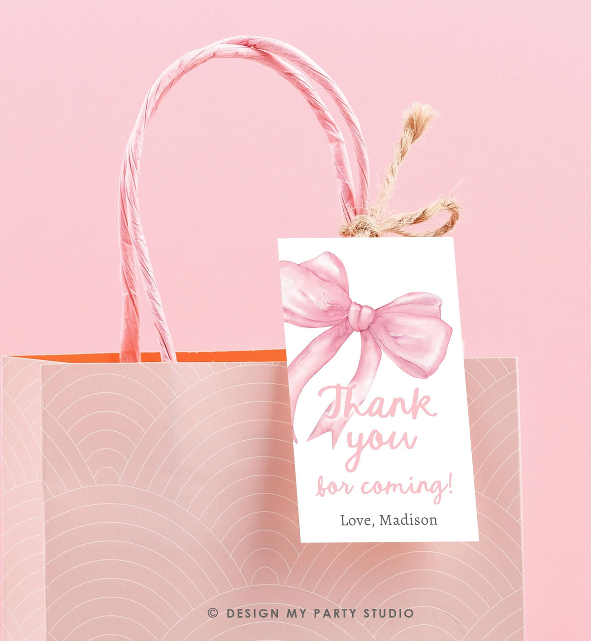 Editable Pink Bow Favor Tag Ribbon Birthday Baby Shower Thank You Gift Girl Preppy Coquette Watercolor Digital Template Printable 0527