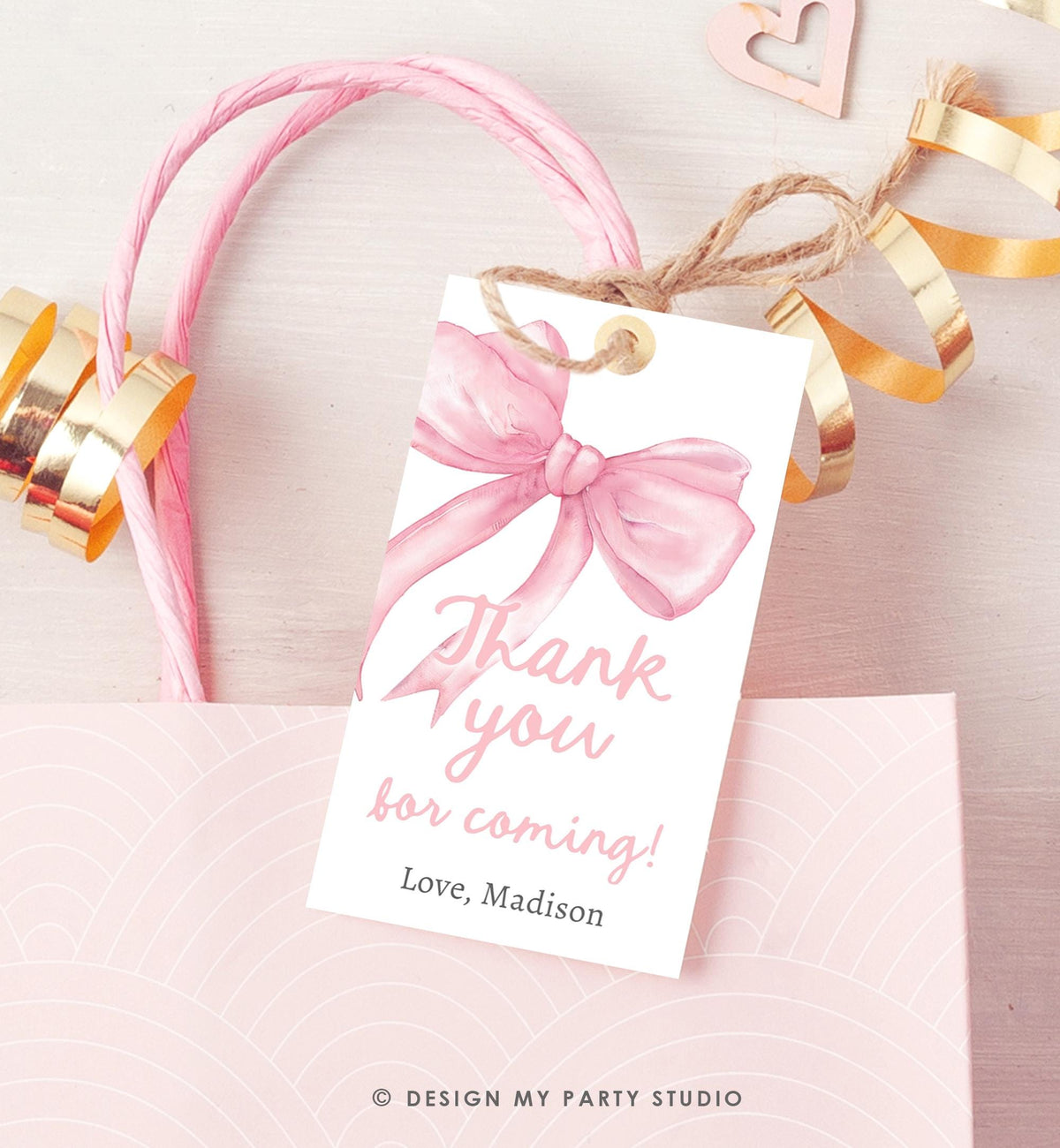 Editable Pink Bow Favor Tag Ribbon Birthday Baby Shower Thank You Gift Girl Preppy Coquette Watercolor Digital Template Printable 0527