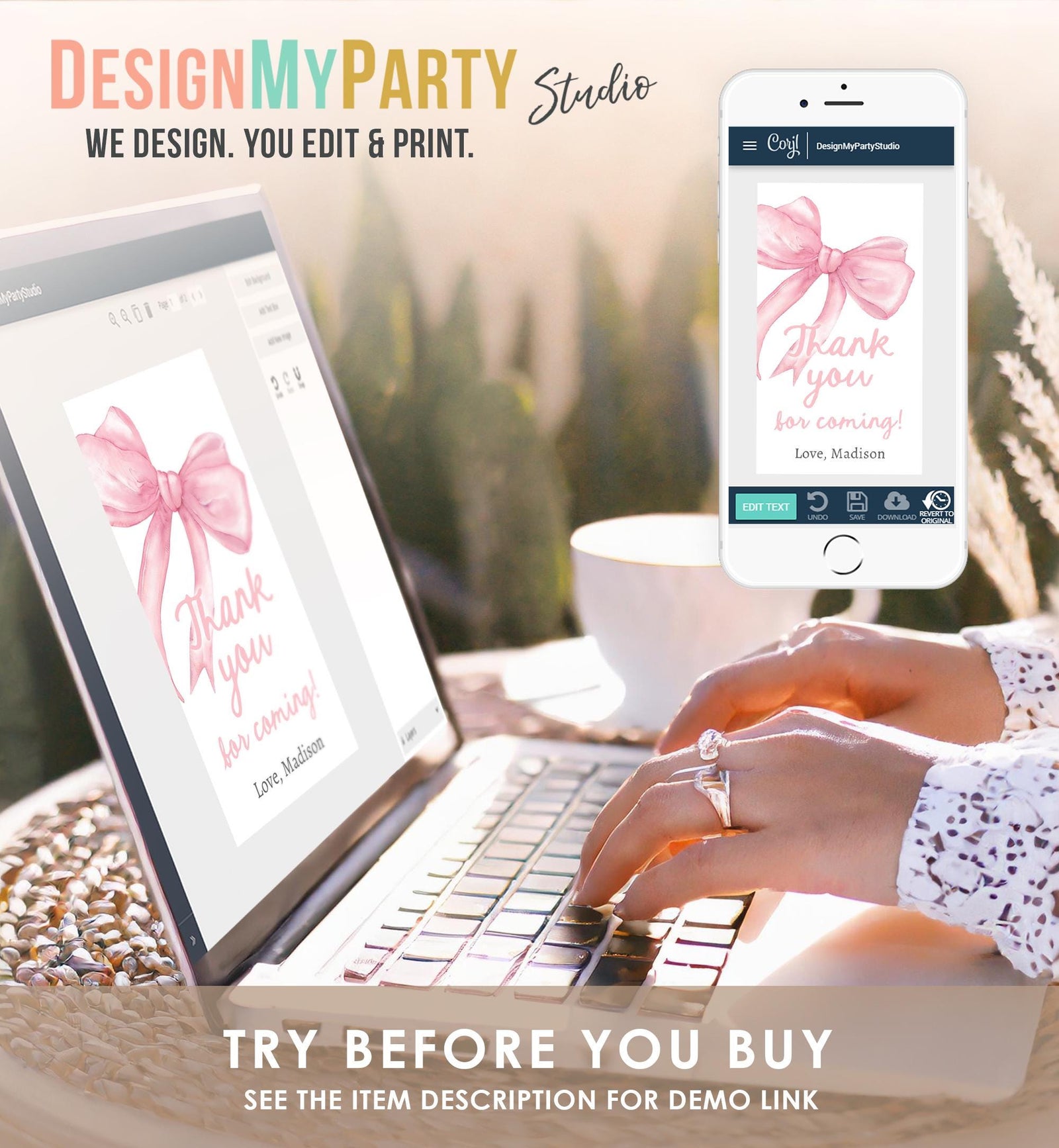 Editable Pink Bow Favor Tag Ribbon Birthday Baby Shower Thank You Gift Girl Preppy Coquette Watercolor Digital Template Printable 0527
