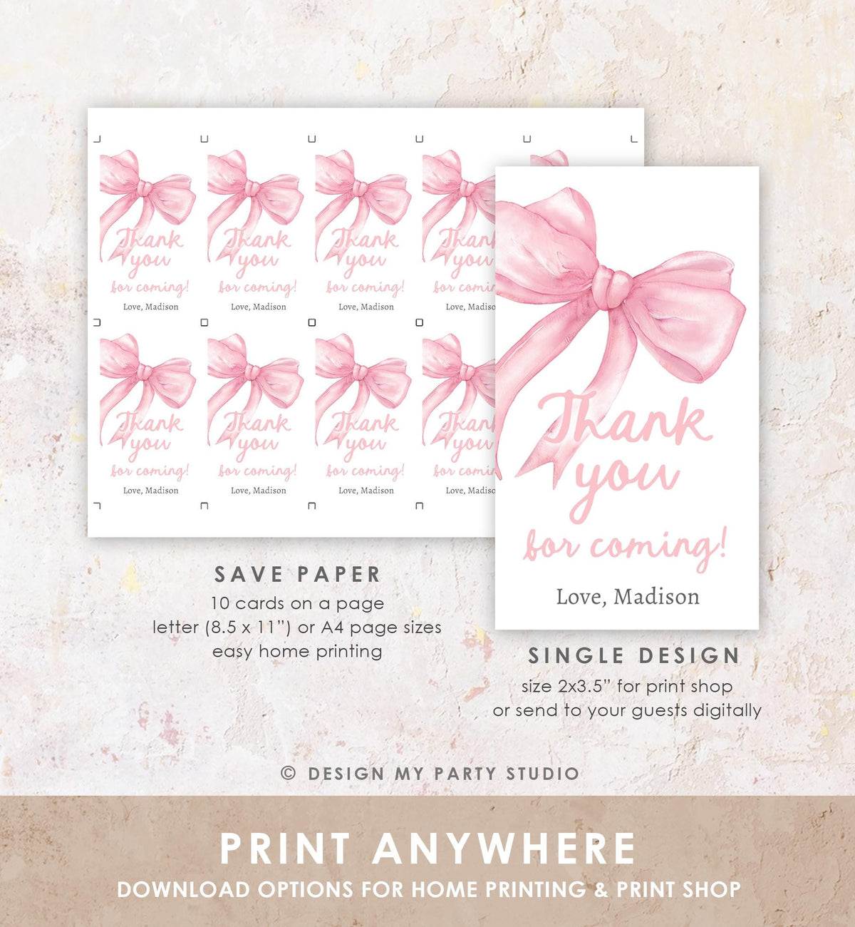 Editable Pink Bow Favor Tag Ribbon Birthday Baby Shower Thank You Gift Girl Preppy Coquette Watercolor Digital Template Printable 0527