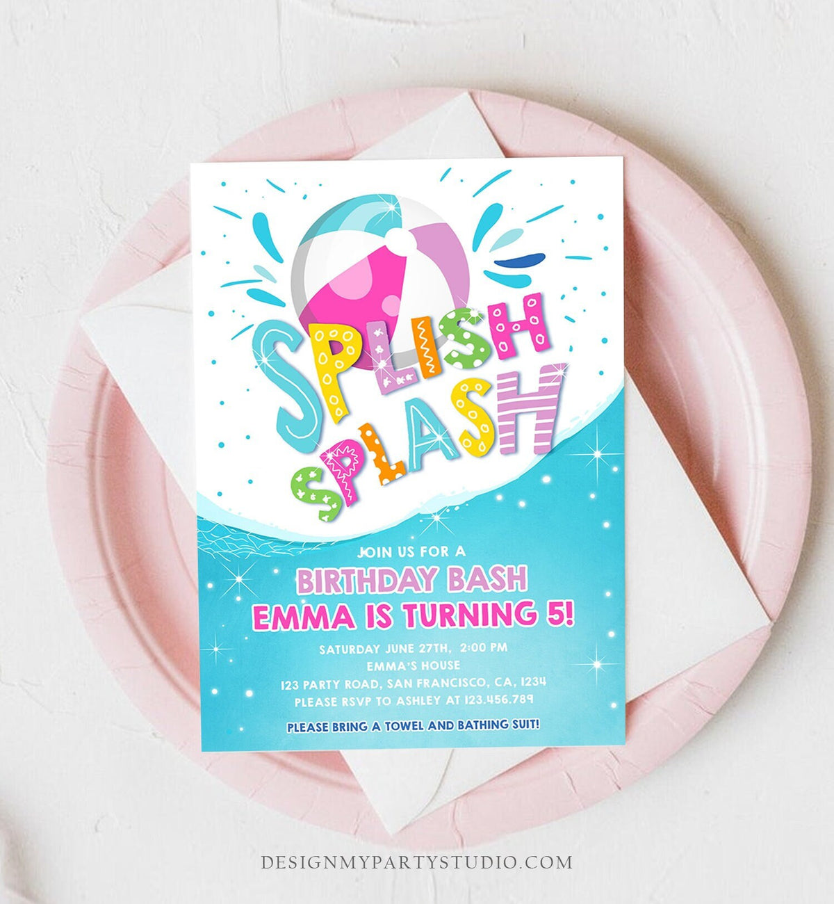 Editable Splish Splash Birthday Invitation Pool Party Boy Beach Ball Blue Green Birthday Bash Digital Download Evite Template Printable 0169