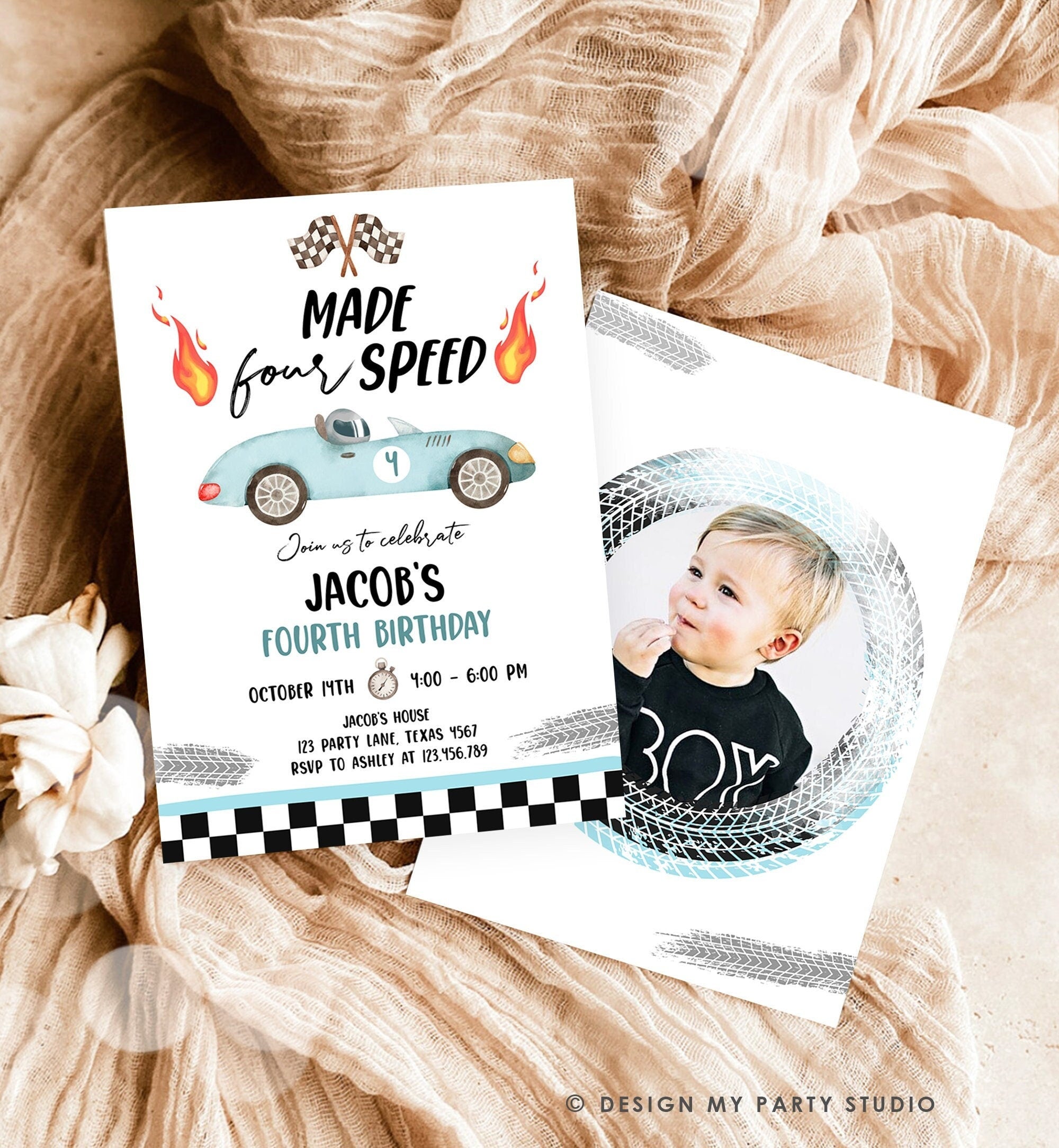 Editable Made Four Speed Race Car Fourth Birthday Invitation Boy Blue 4th Birthday Racing Party Made 4 Speed Digital Template Printable 0424