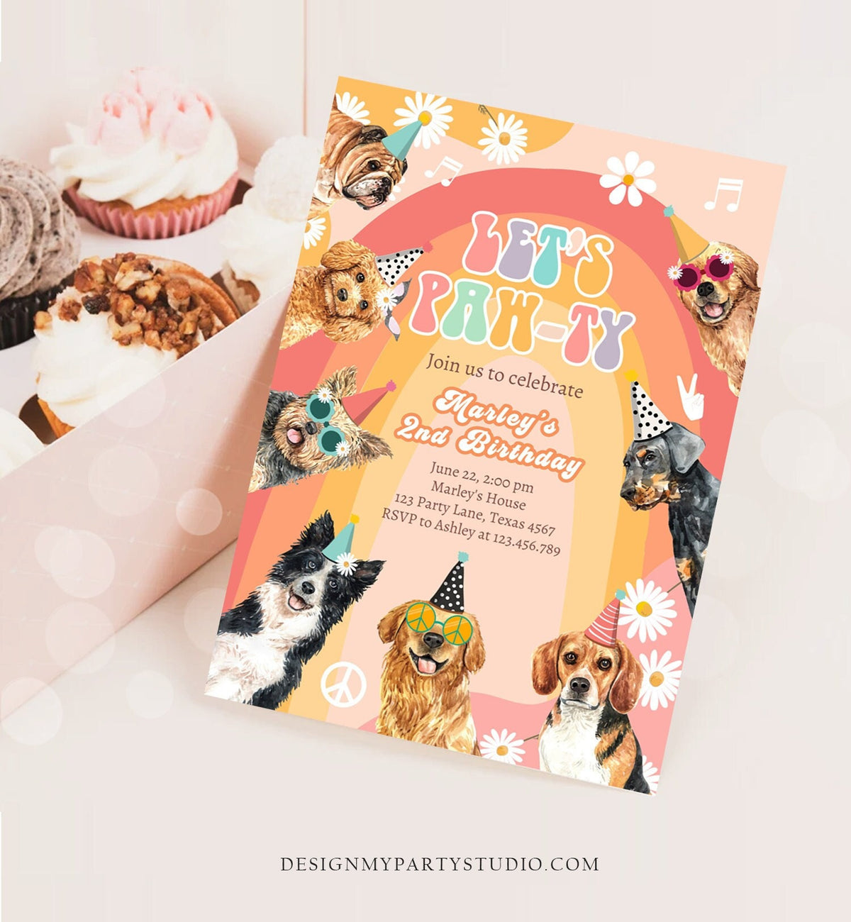 Editable Groovy Dog Birthday Party Invitation Retro Puppy Birthday Girl Doggy Daisy Lets Pawty Digital Download Template Printable 0463
