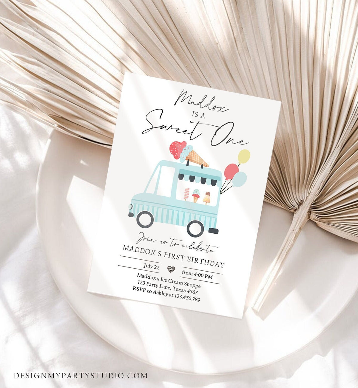 Editable Ice Cream Truck Birthday Invitation Boy Ice Cream Sweet One Modern Birthday Party First Digital Download Template Printable 0415