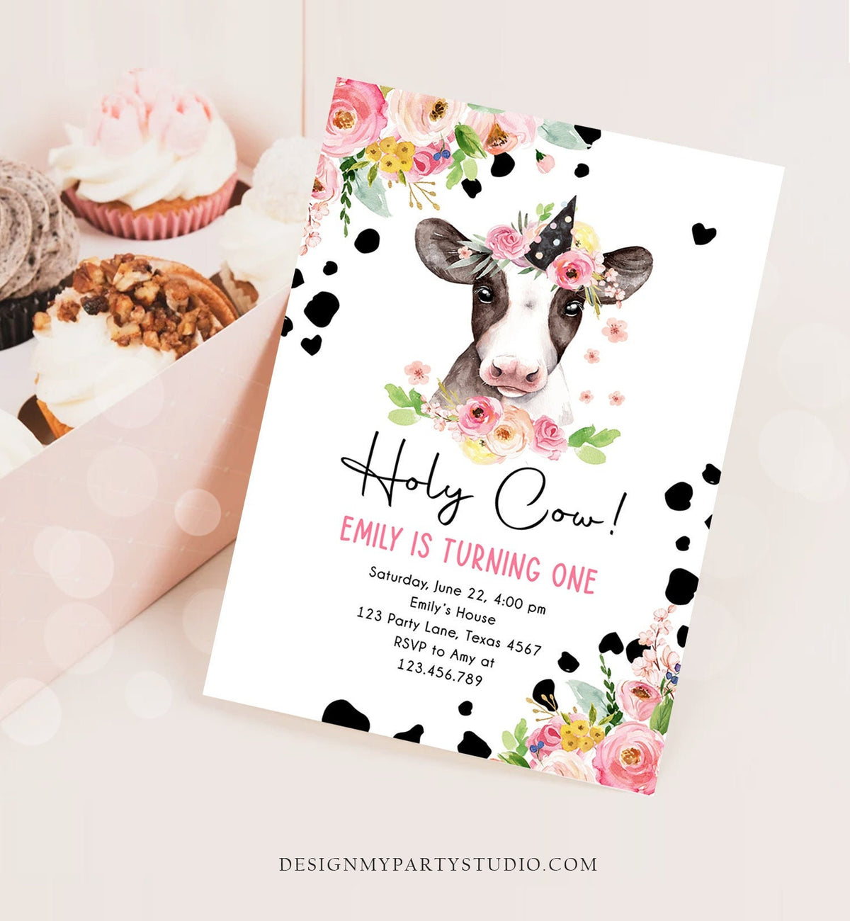 Editable Cow Birthday Invitation Girl Farm Animals Pink Floral Barnyard Party Holy Cow Party One Digital Download Template Printable 0434
