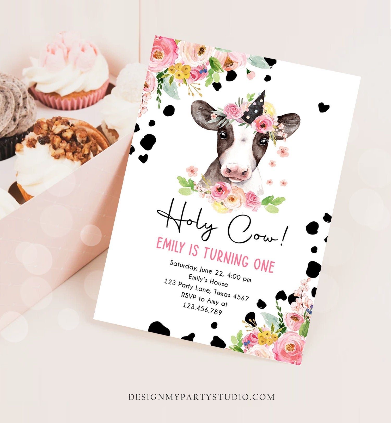 Editable Cow Birthday Invitation Girl Farm Animals Pink Floral Barnyard Party Holy Cow Party One Digital Download Template Printable 0434
