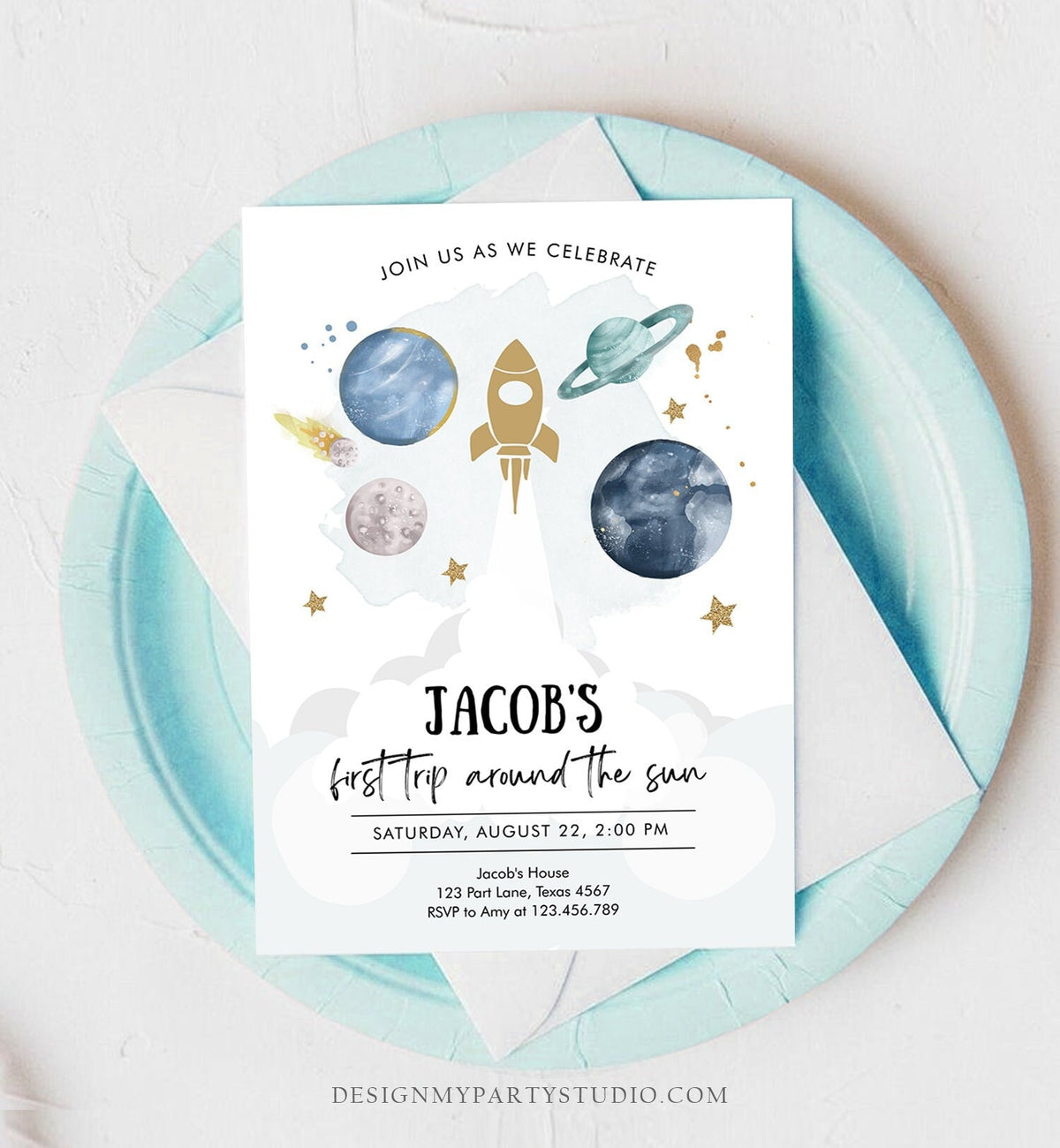 Editable Outer Space First Birthday Invitation Galaxy Blast Off First Trip Around the Sun Digital Download Evite Template Printable 0357