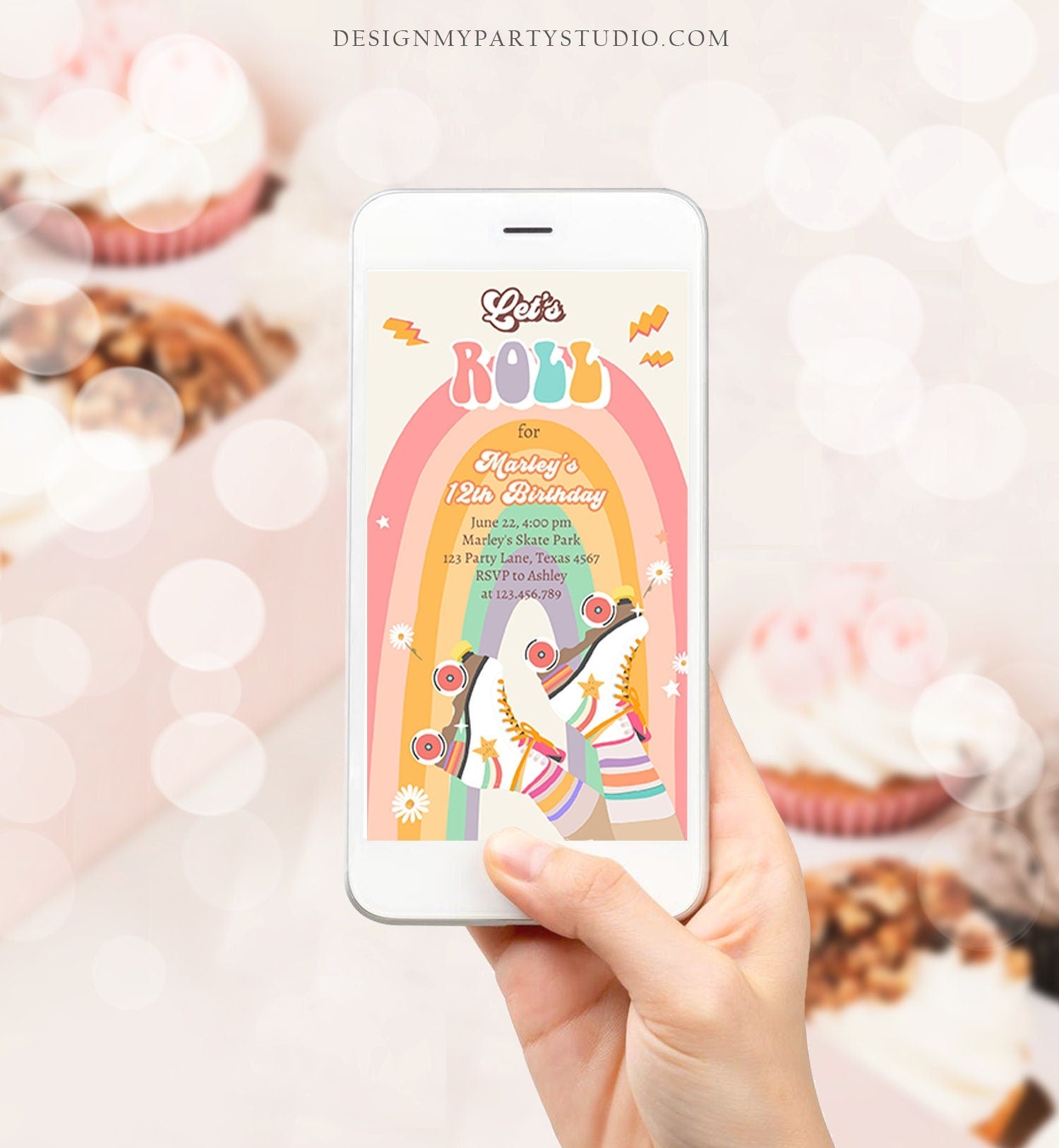 Editable Retro Roller Skating Birthday Party Evite Groovy Skating Kids Flower Power Rainbow Electronic Digital Invitation Template 0435