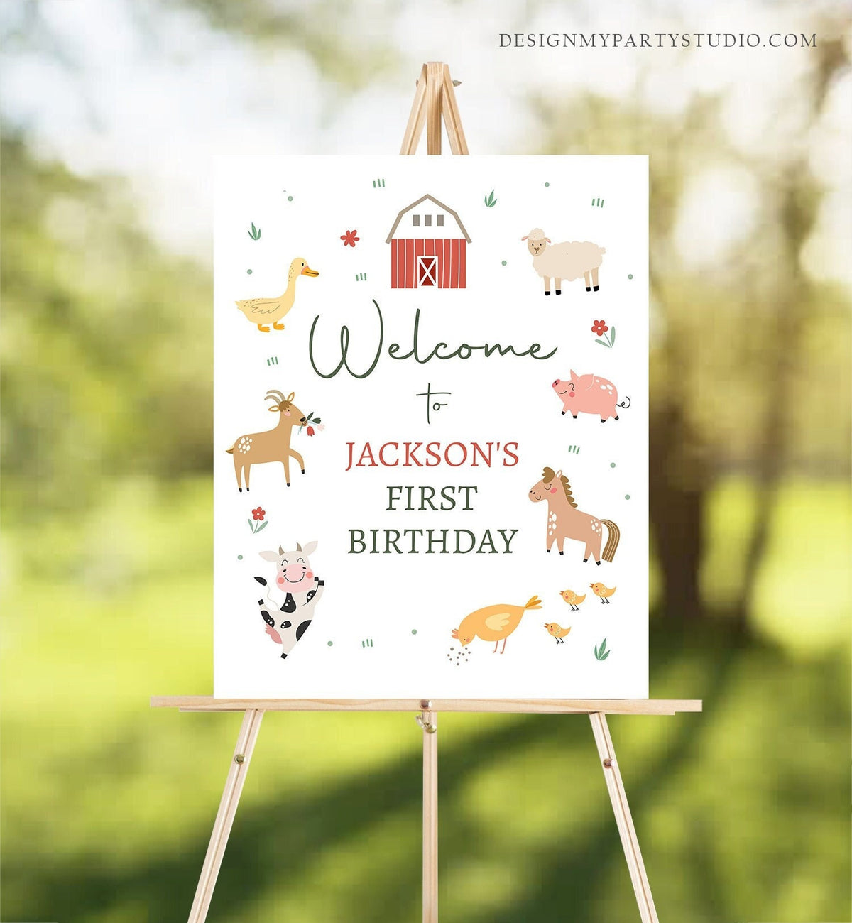 Editable Farm Birthday Welcome Sign Barnyard Birthday Welcome Sign Farm Animals Birthday Sign Boy Red Modern Digital Template Printable 0436