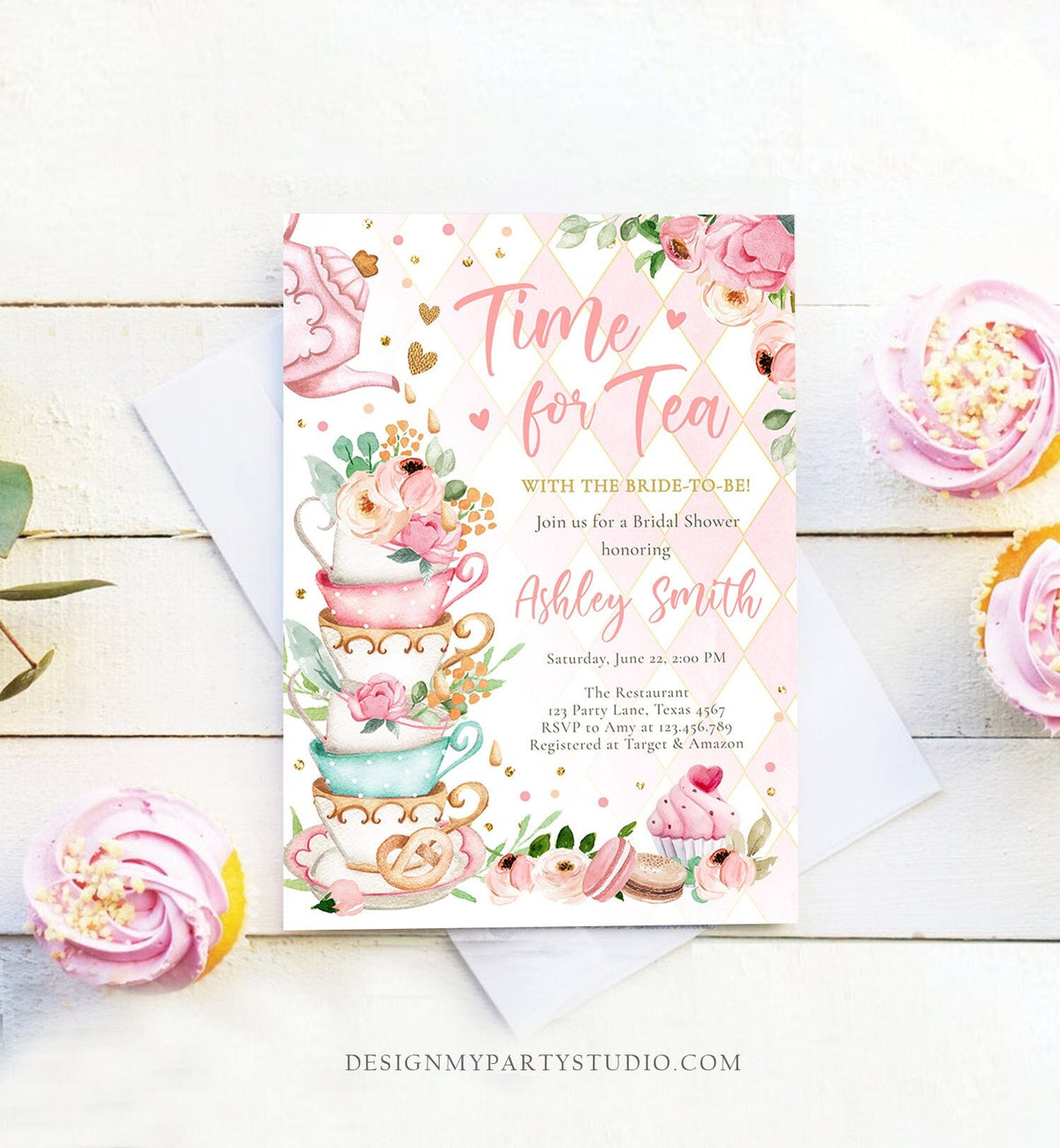 Editable Time For Tea Bridal Shower Invitation Tea Party Wedding Shower Floral Pink Gold Blush Love is Brewing Evite Template Printable 0349