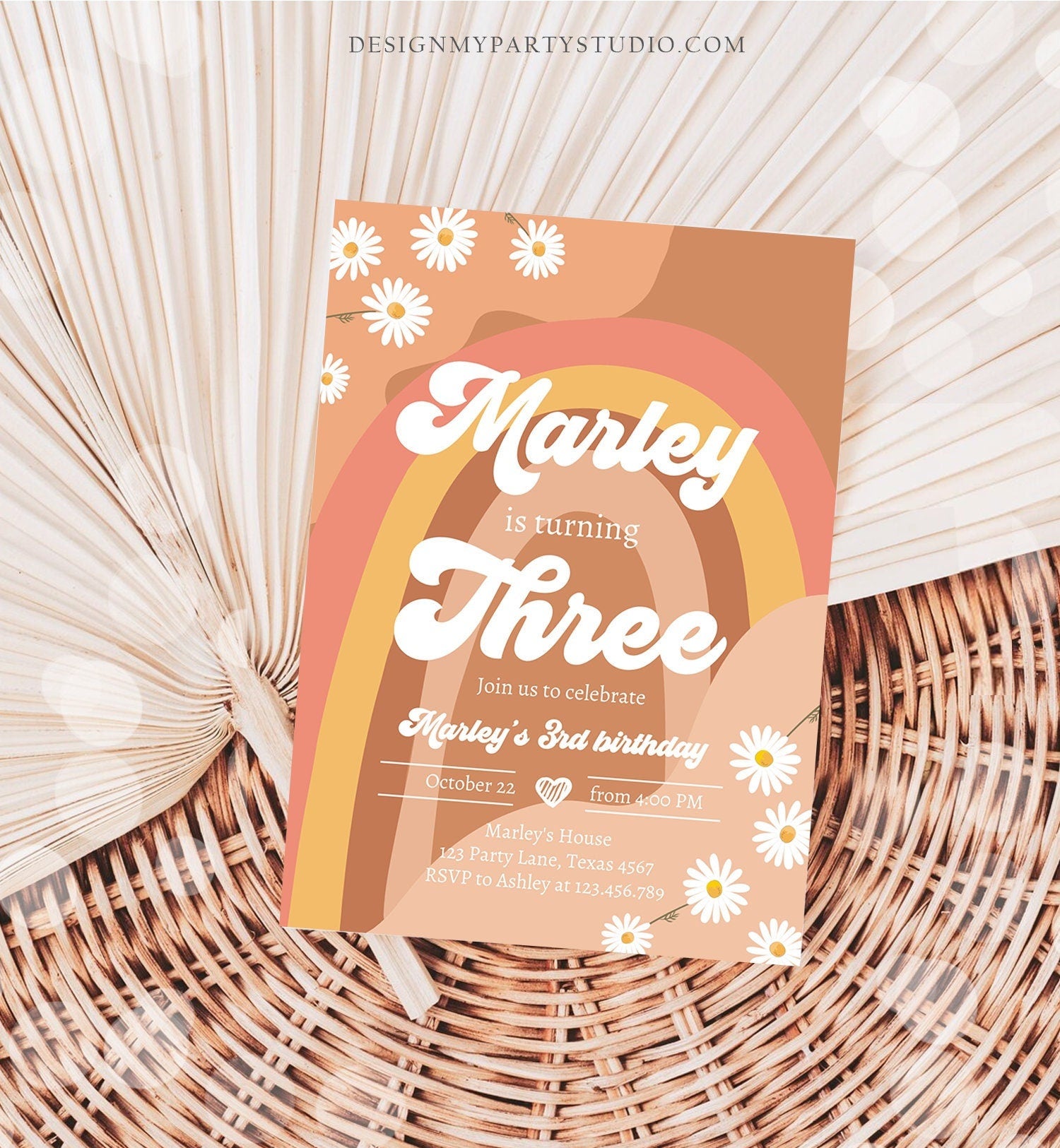 Editable Groovy Retro 3rd Birthday Invitation Three Birthday Retro Floral 70s Flower Power Festival Digital Evite Template Printable 0428