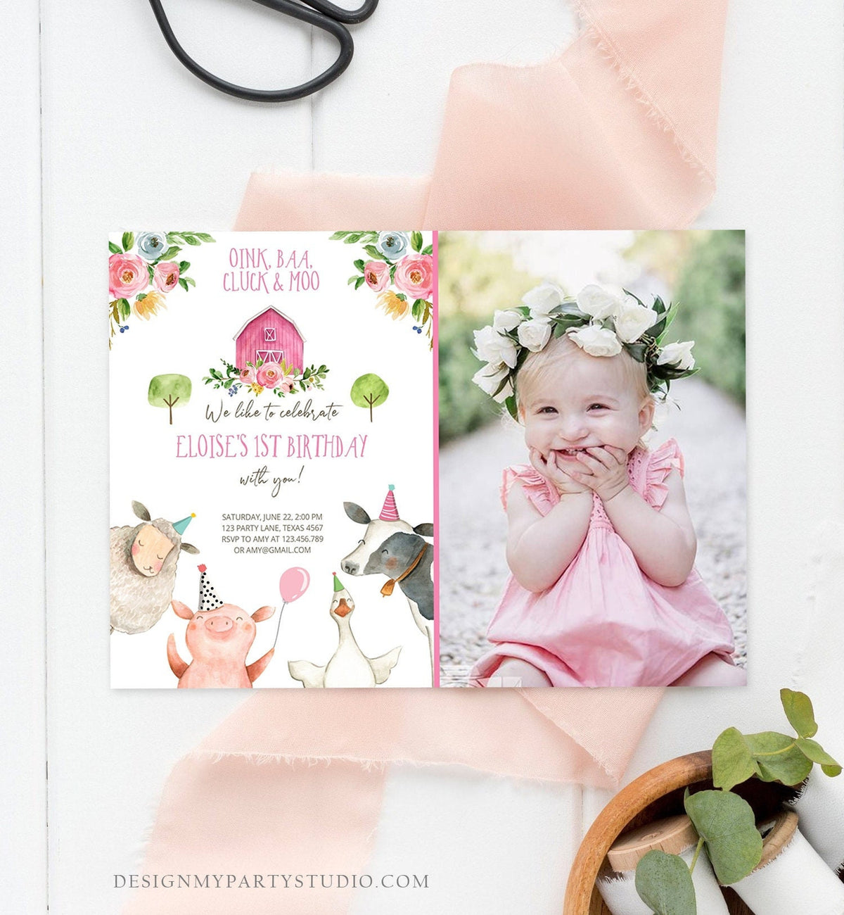 Editable Farm Birthday Invitation Girl Farm Animals Pink Floral Barnyard Party Animals Digital Download Evite Template Printable 0155