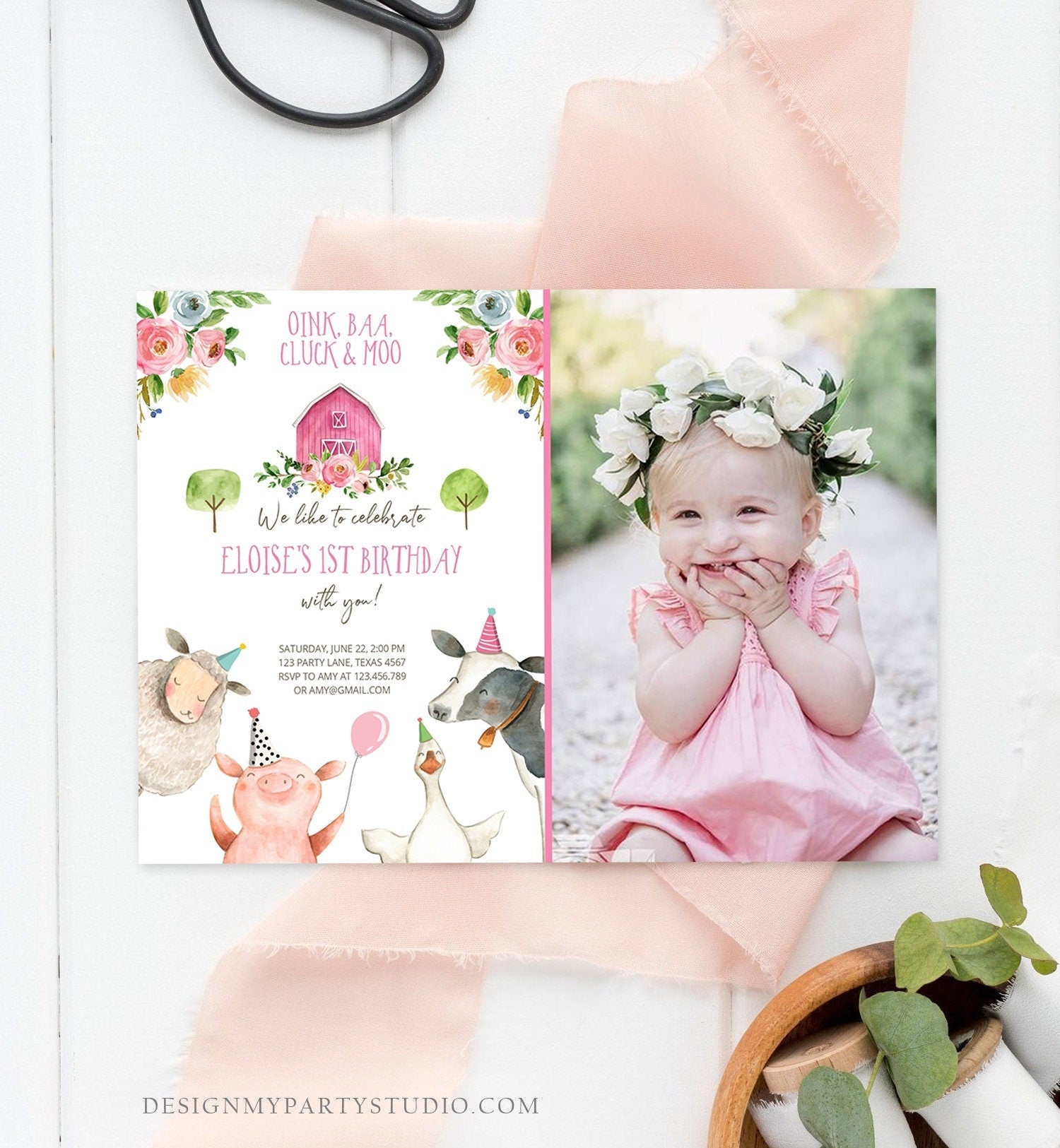 Editable Farm Birthday Invitation Girl Farm Animals Pink Floral Barnyard Party Animals Digital Download Evite Template Printable 0155